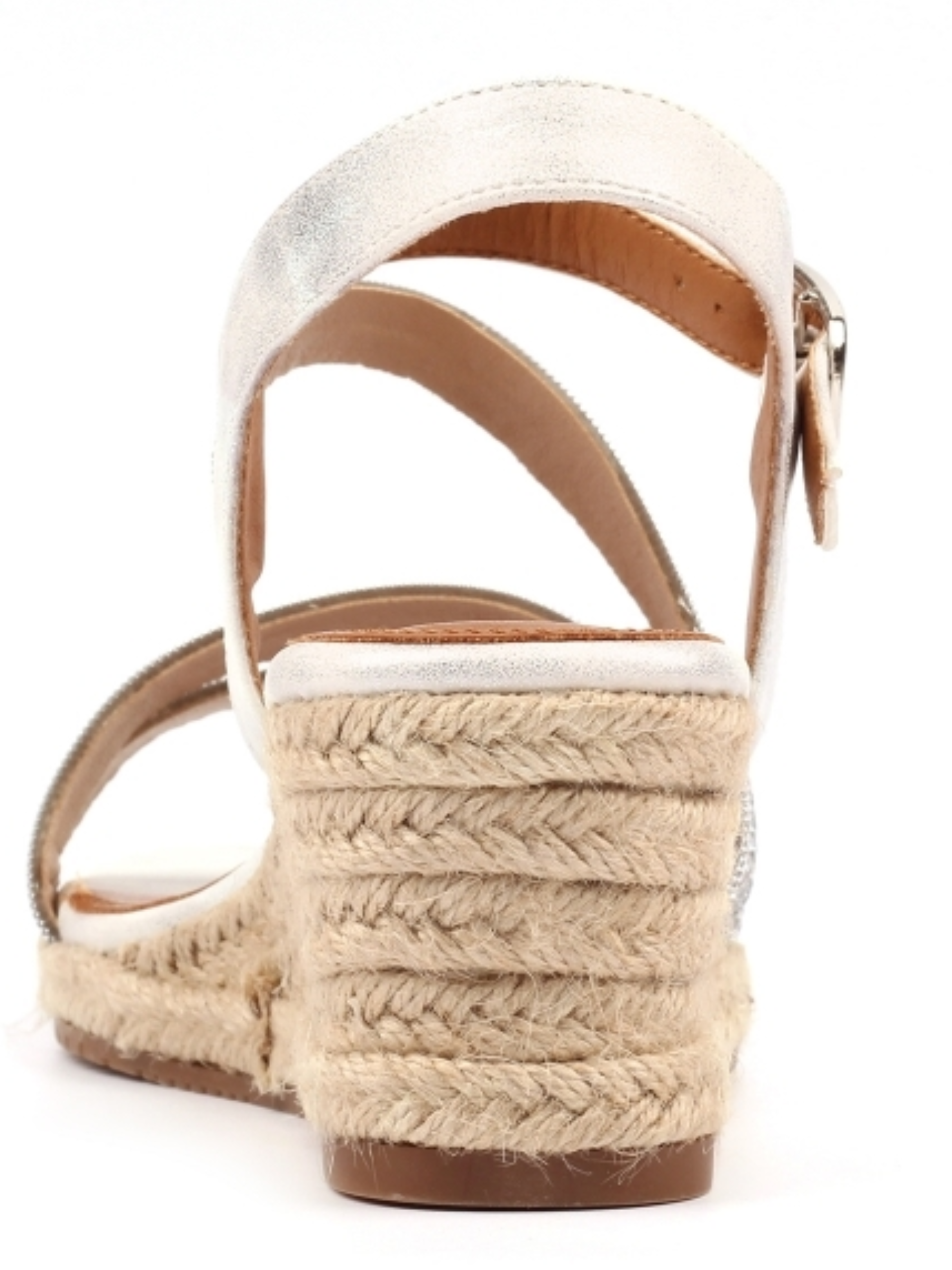 Lunar Izzy Silver Wedge Sandal with metallic straps, espadrille-style wedge heel and adjustable ankle strap.