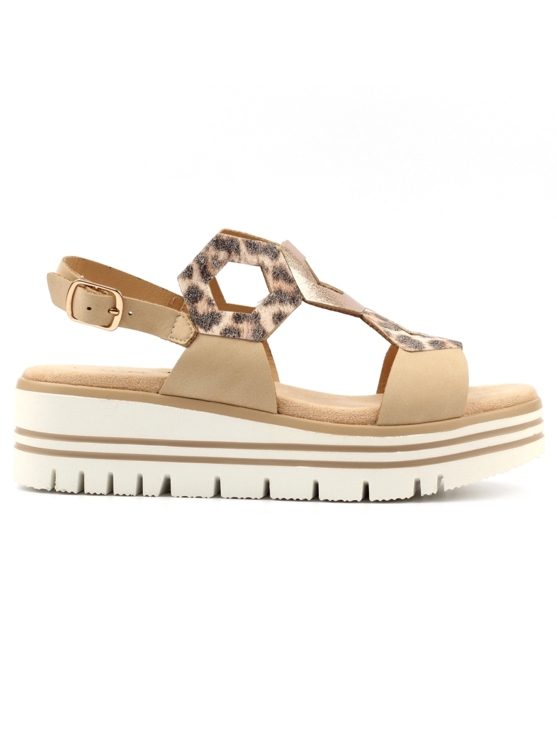 Lunar Jaslene Beige Sandal with honeycomb cut-out straps, animal print detail, ankle strap fastening and flatform sole.