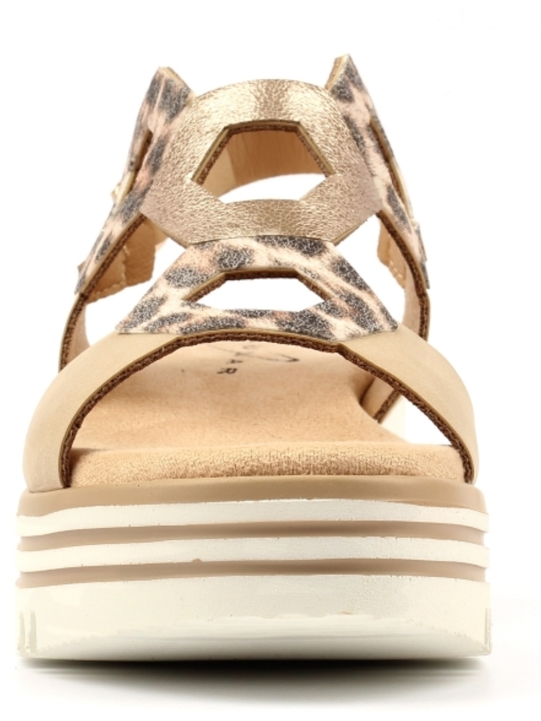 Lunar Jaslene Beige Sandal with honeycomb cut-out straps, animal print detail, ankle strap fastening and flatform sole.