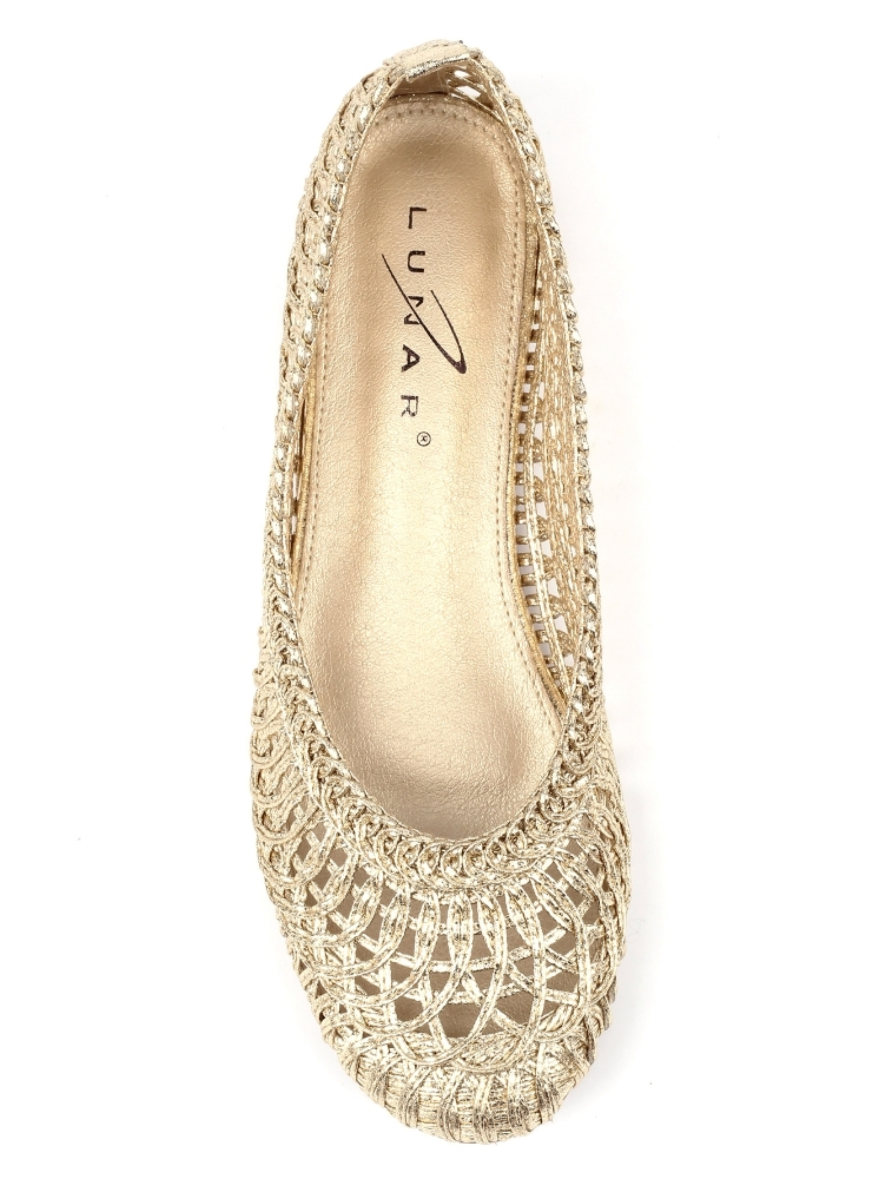 Lunar Keeley Gold Flat with woven metallic upper and slip-on flat silhouette.