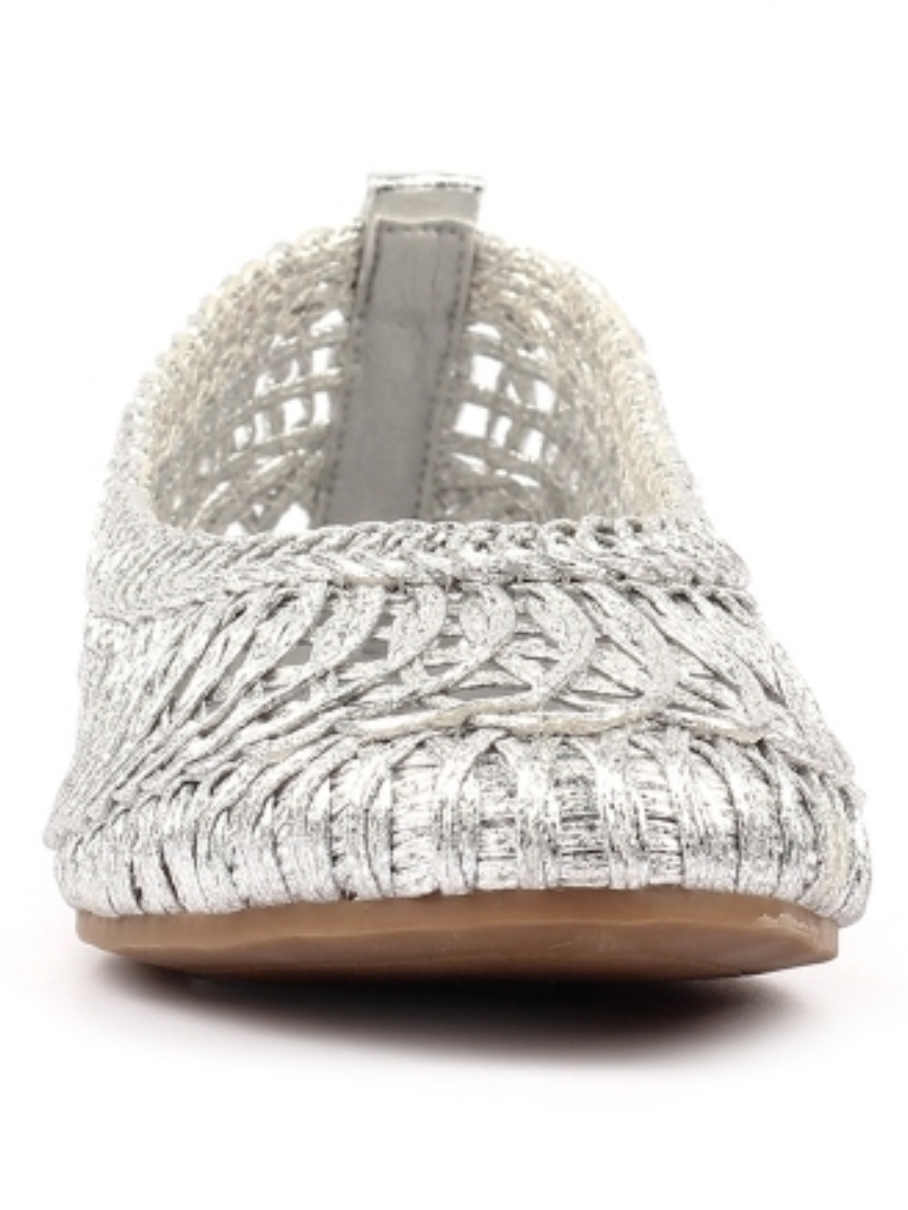 Lunar Keeley Silver Flat with woven metallic upper and slip-on flat silhouette.