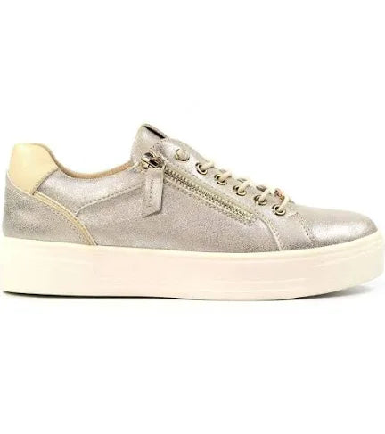 Lunar Xenon Albania gold trainer with white sole and side zip detail – The Queen B Boutique
