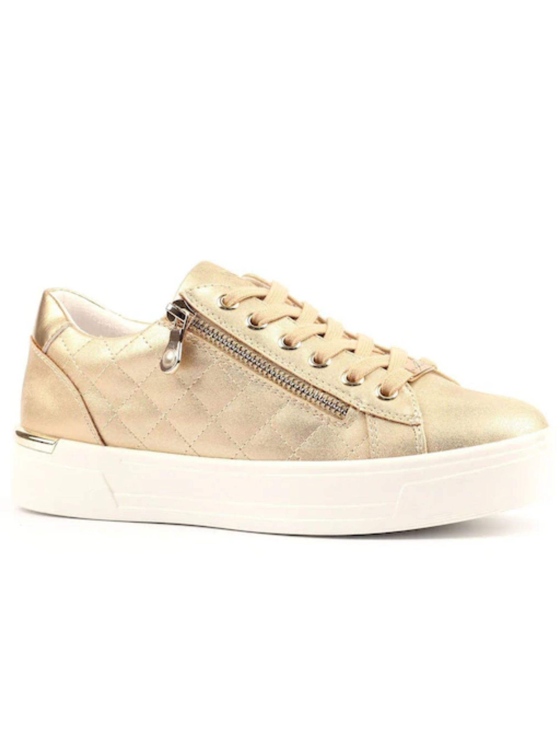 Lunar Xenon Gold Trainer with quilted metallic upper, lace-up front, side zip detail and chunky sole.