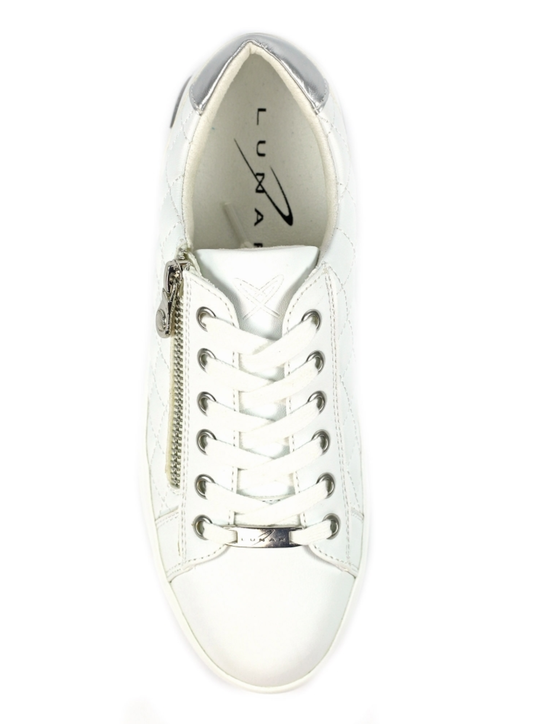 Lunar Xenon White Trainer with quilted metallic upper, lace-up front, side zip detail and chunky sole.
