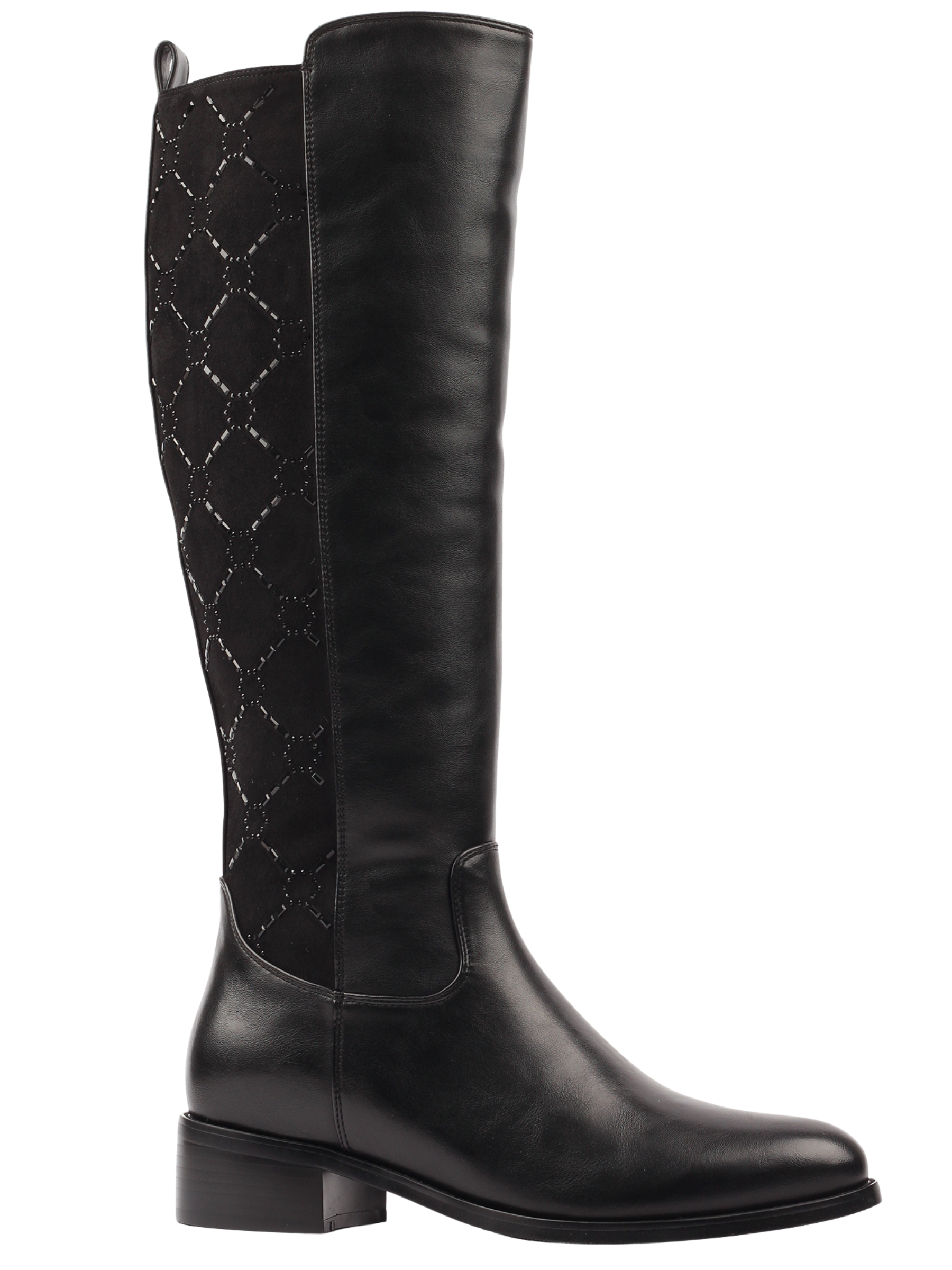 Lunar Yuma Black Long Boot with knee-high silhouette, low block heel and textured back panel detail