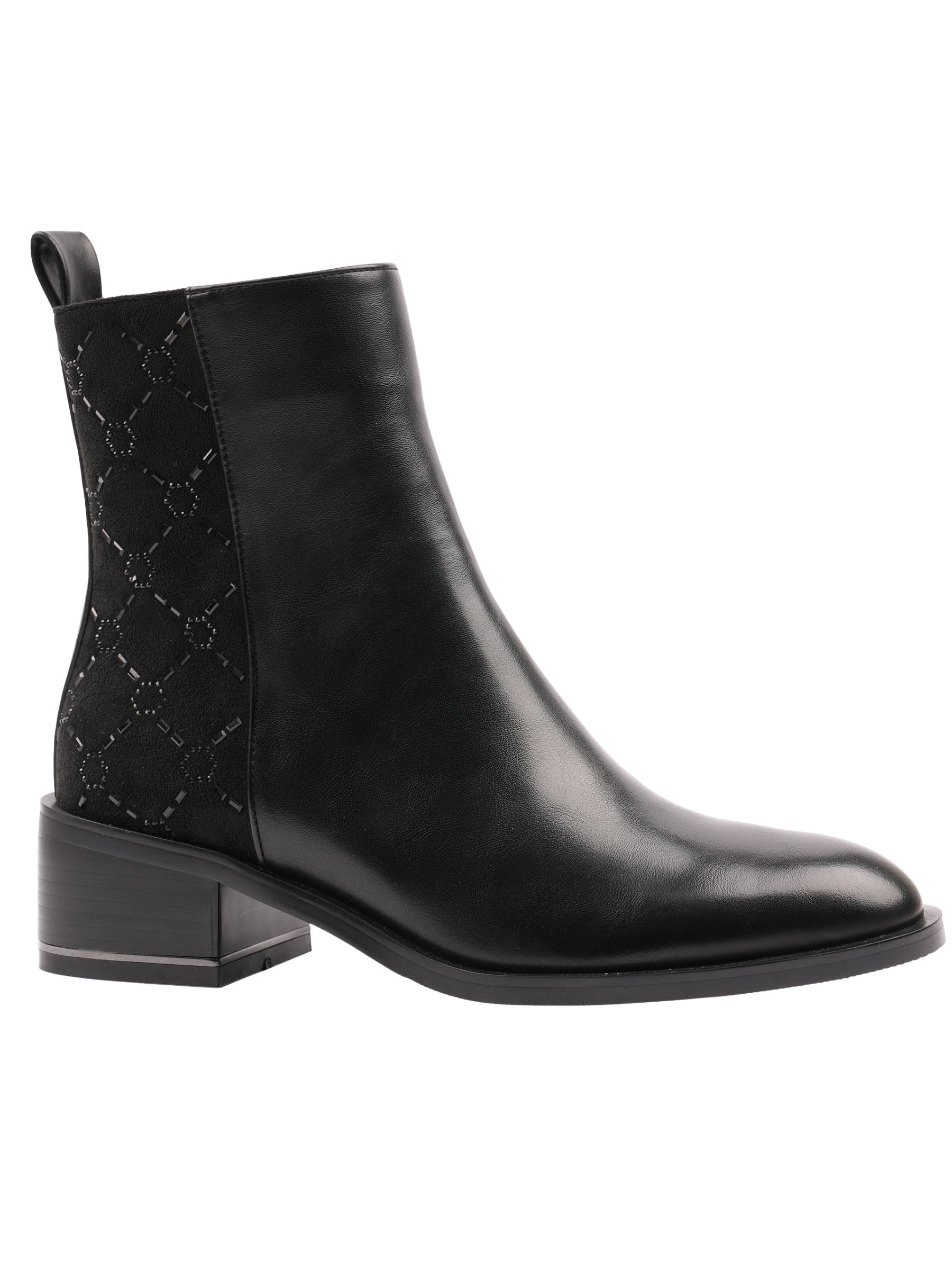Lunar Yvonne Black Ankle Boot with low block heel, pull tab, smooth front panel and textured back detail