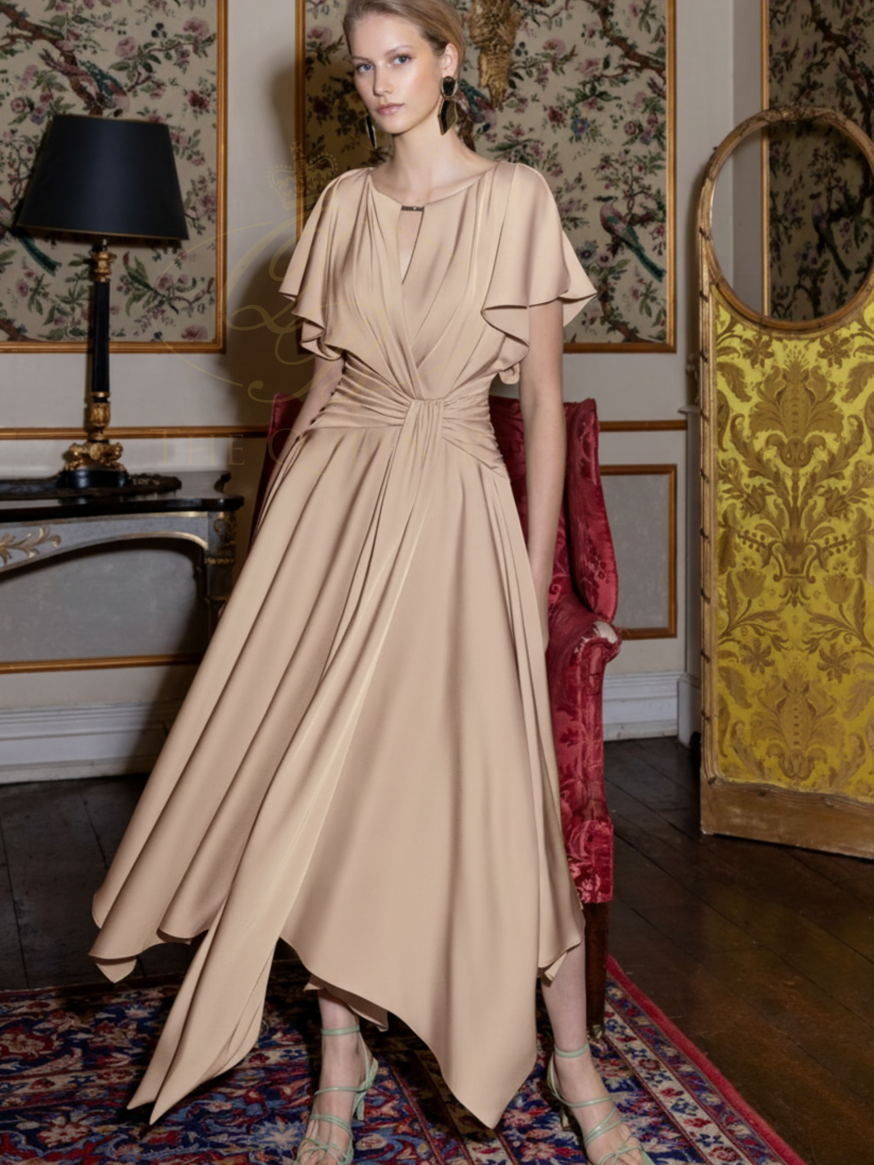 Maisonel ME3003 Blush Dress – heavyweight satin A-line midi dress with draped bodice, tie waist, and flutter sleeves, perfect for weddings, formal occasions and elegant events.