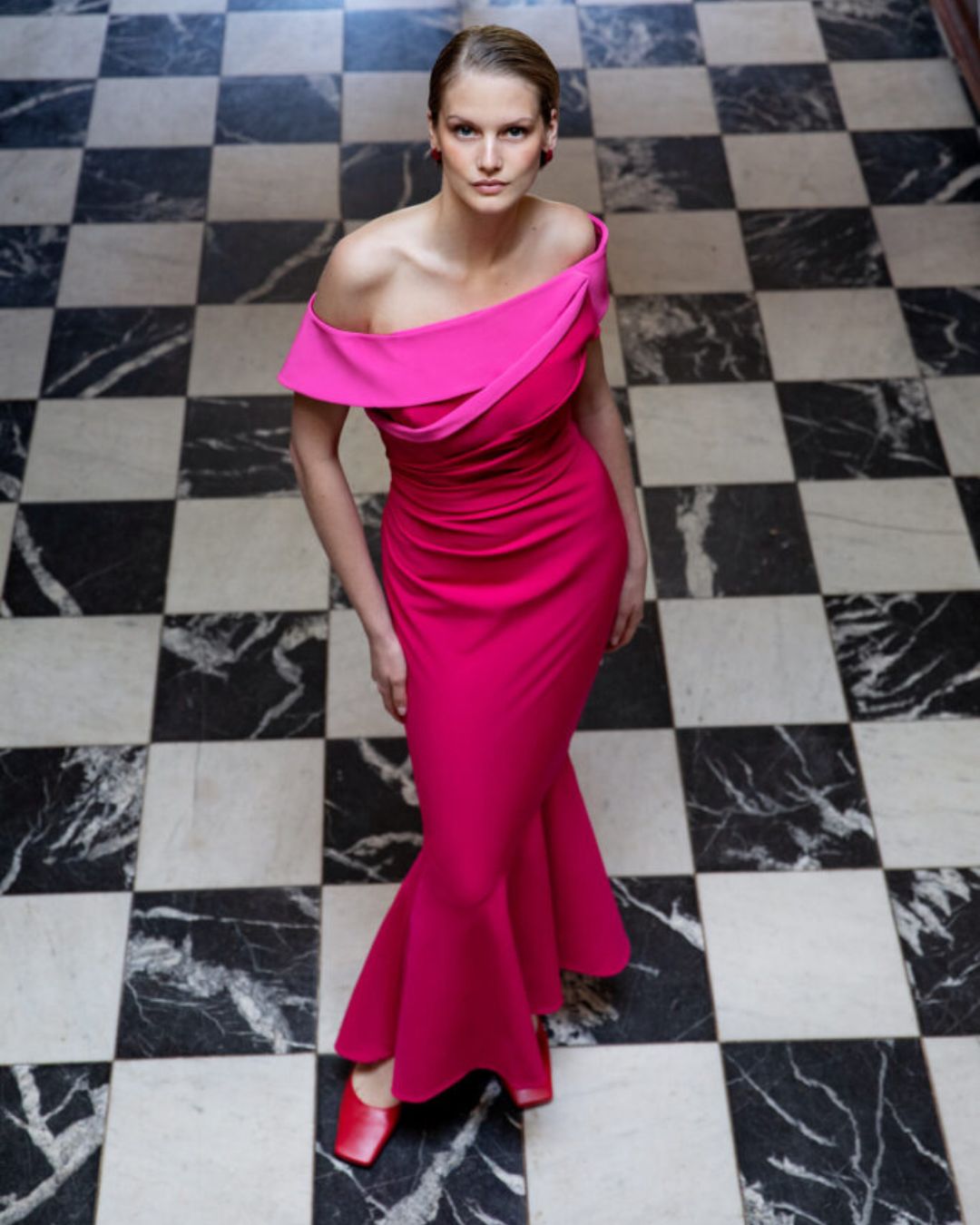 Maisonel ME3011 Hot Pink Raspberry Dress – women’s off-the-shoulder fishtail gown in vibrant raspberry pink, ideal for evening events, weddings, and formal occasions.