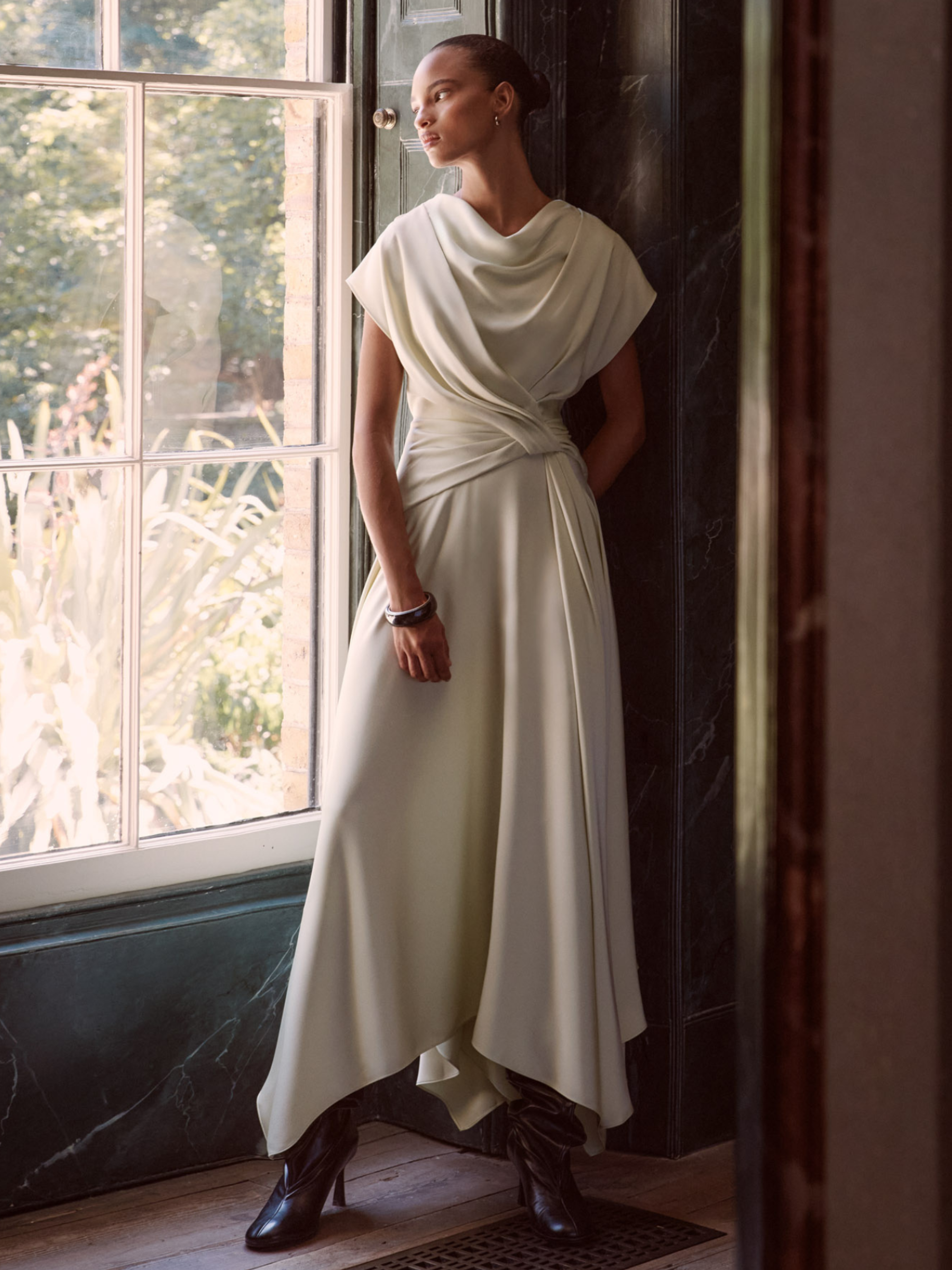 Maisonel ME3079 Lemonade Dress - midi A-line occasion dress with cowl neckline, twisted waist detail and asymmetric hemline, perfect for weddings and elegant summer events.