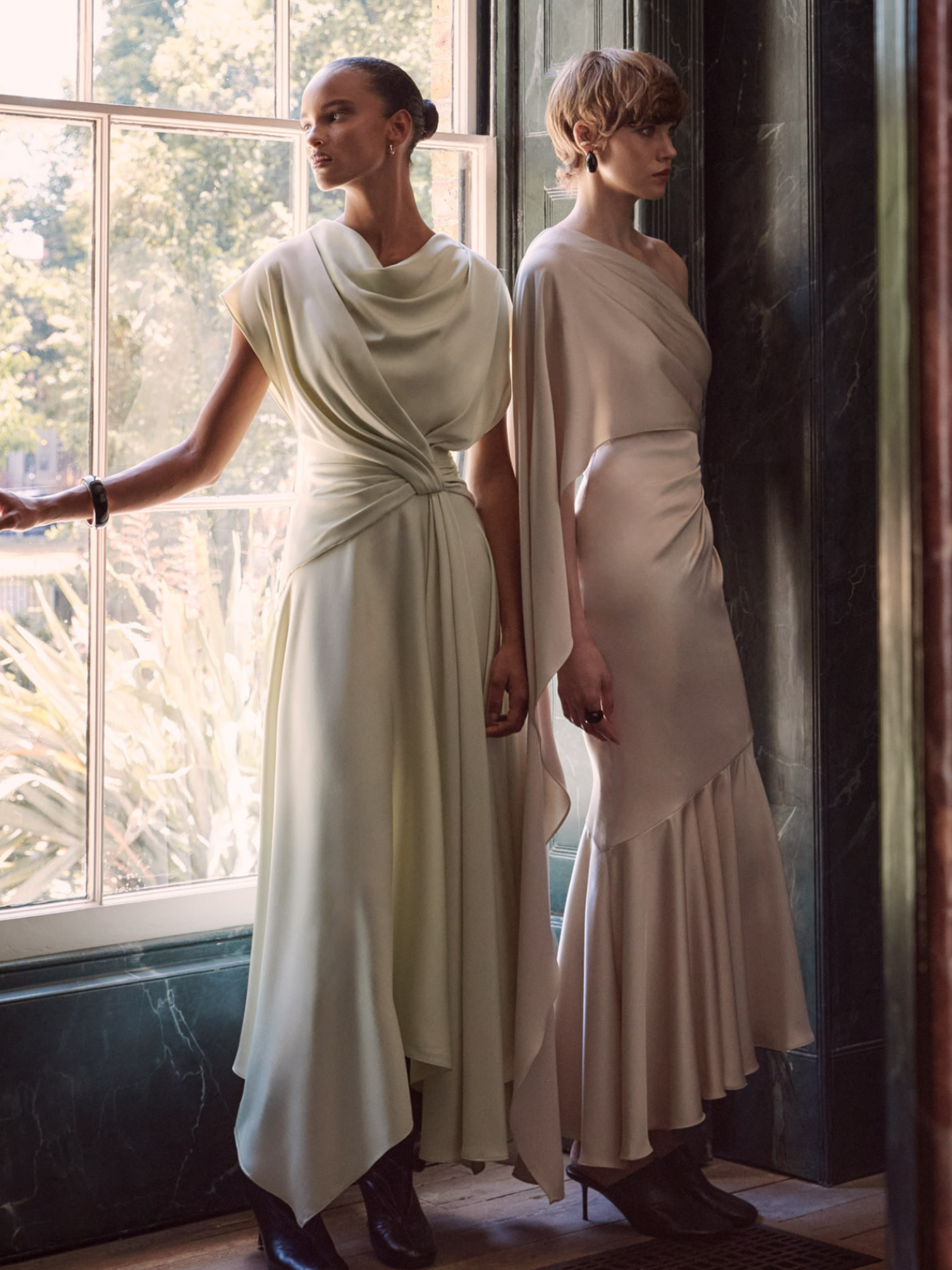 Maisonel ME3079 Lemonade Dress - midi A-line occasion dress with cowl neckline, twisted waist detail and asymmetric hemline, perfect for weddings and elegant summer events.