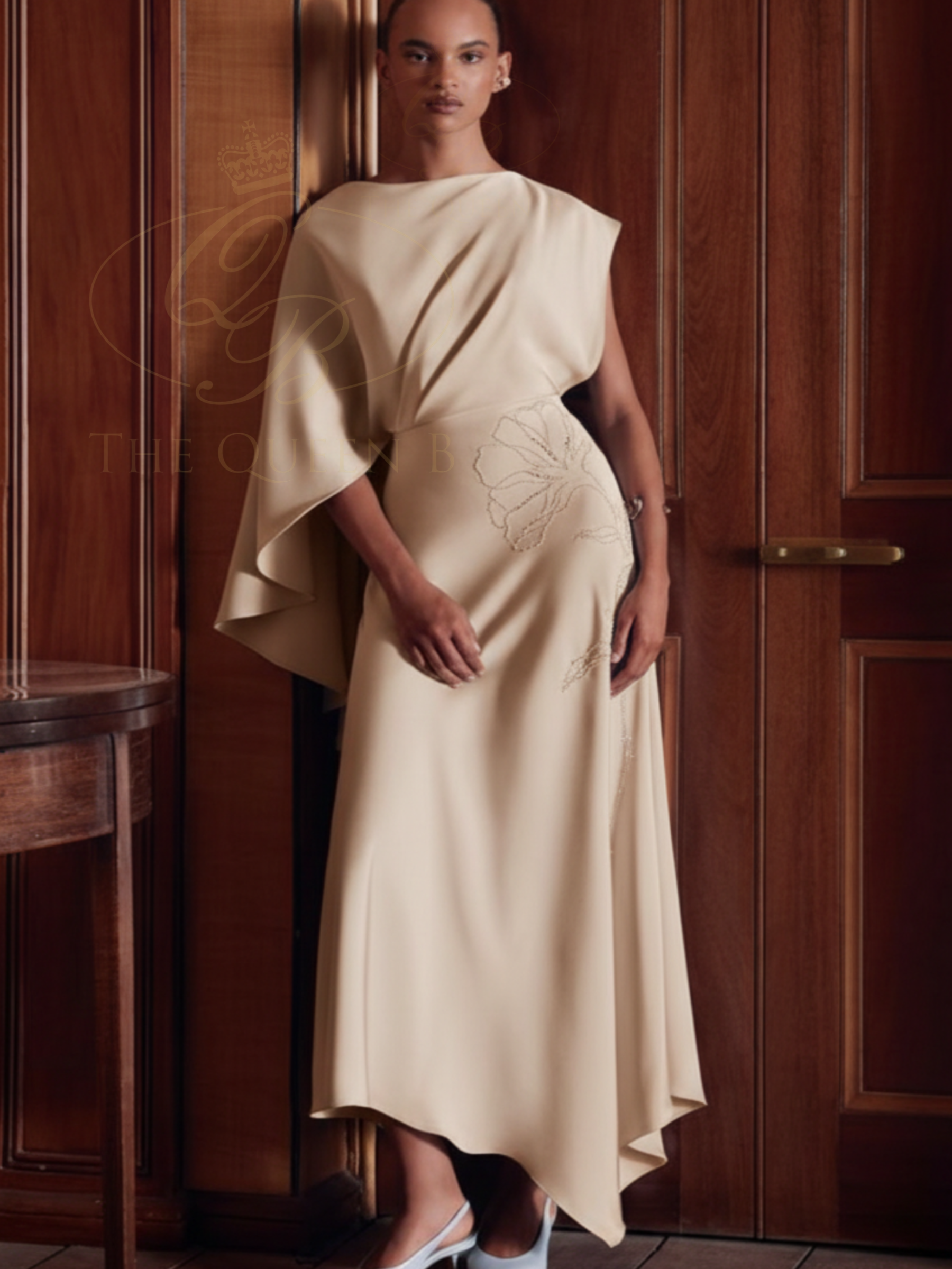 Maisonel ME3109 Blush Dress - elegant A-line midi dress in soft blush blue with asymmetric cape sleeve and flowing crepe fabric, perfect for weddings and formal occasions.