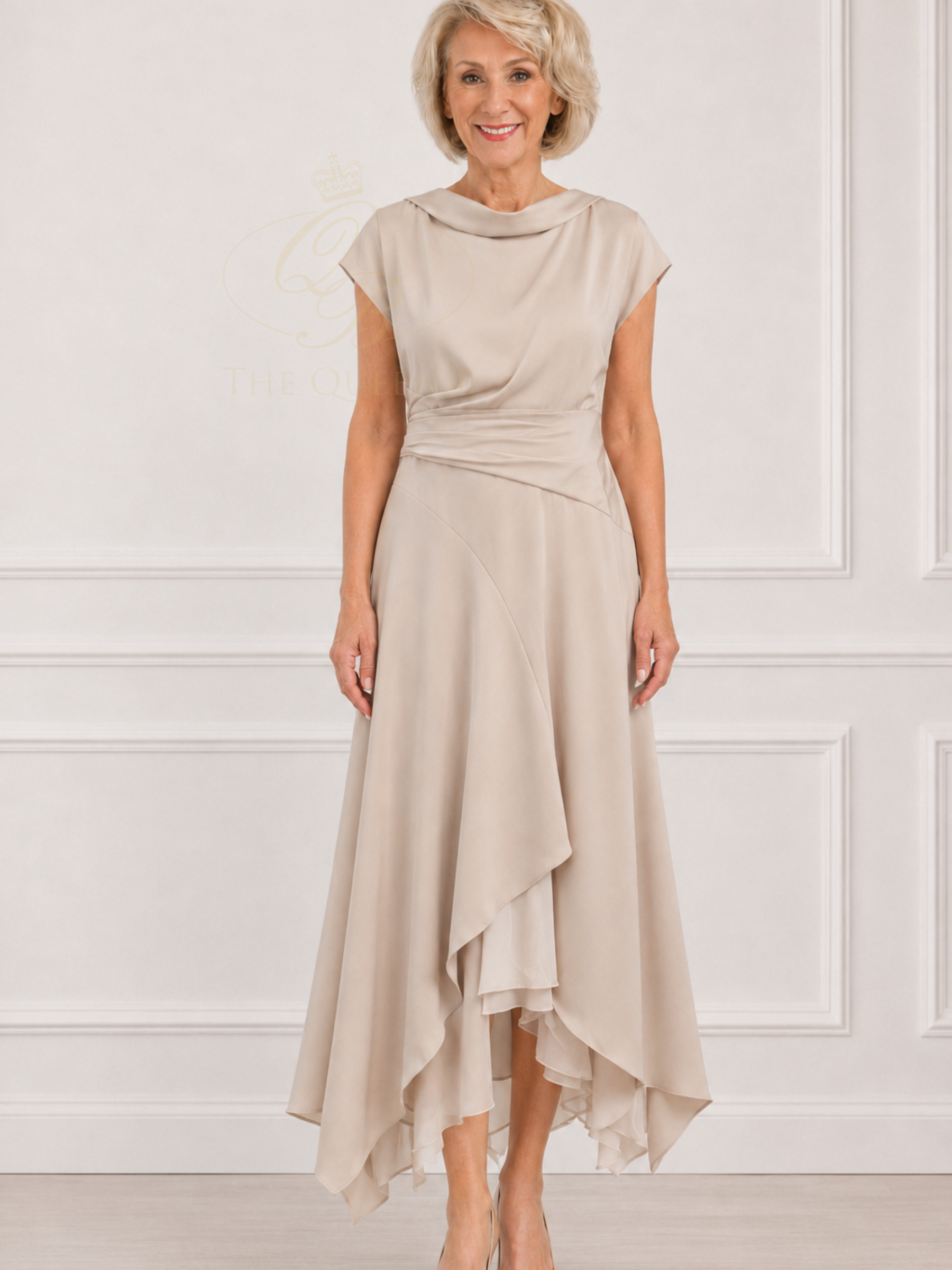 Maisonel ME3228 Latte Dress with built-on neck shawl, ruched waist, cap sleeves and asymmetric A-line skirt