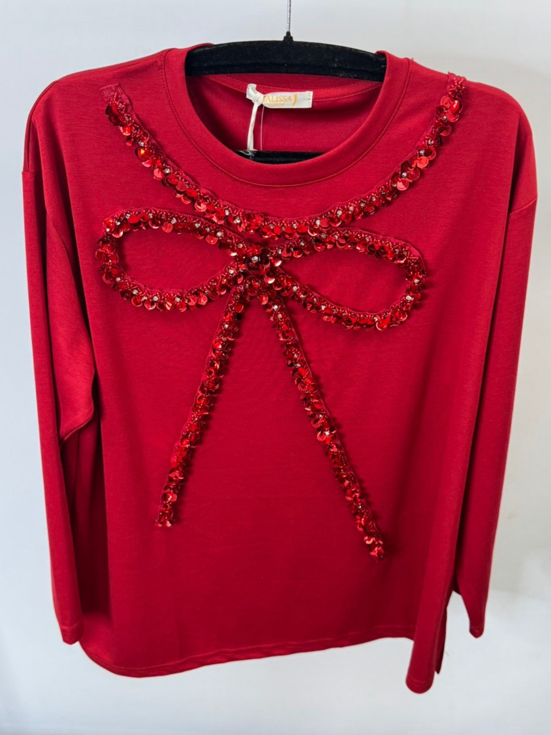 Malissa J WF2503 wine red sequin bow top – women’s festive long sleeve party knit