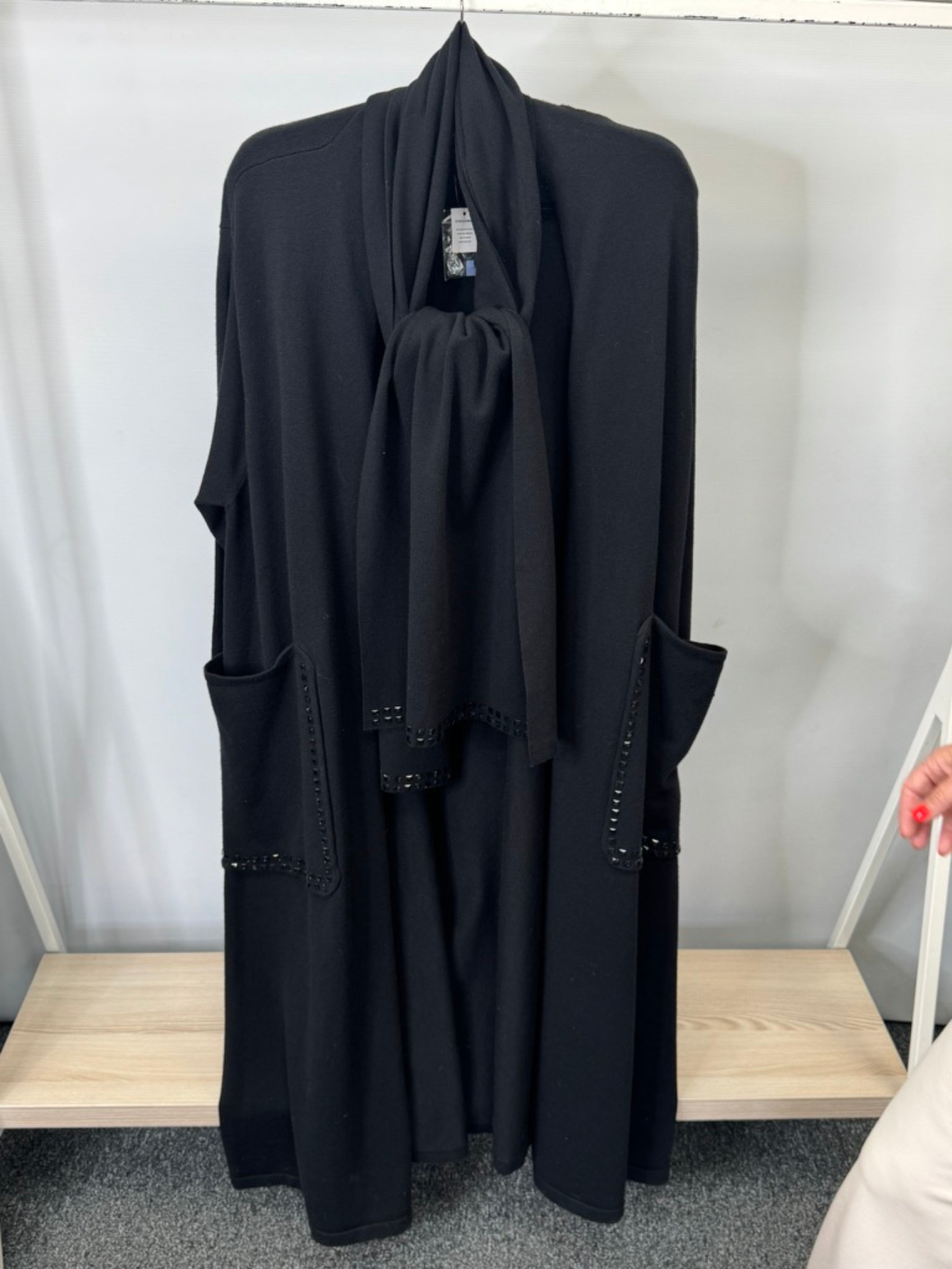 Malissa J WF2639 black long knitted coatigan and matching scarf—women’s two-piece knitwear set with studded pocket trim.