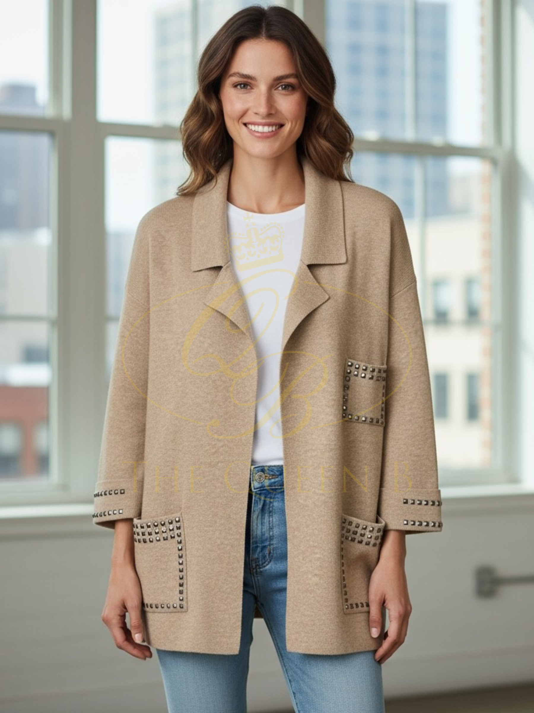 Malissa J WF2640 stone reversible studded cardigan with pocket and cuff detail—women’s versatile knitwear layering piece.