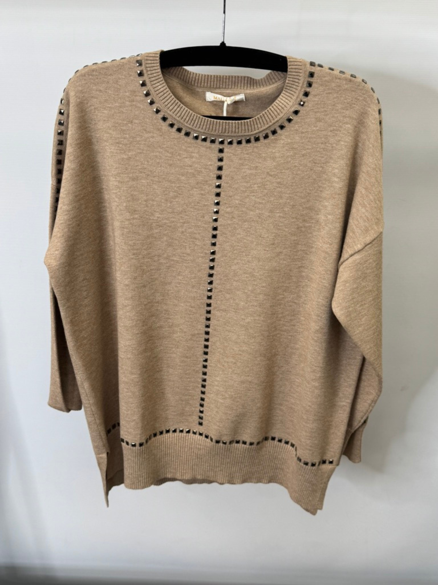 Malissa J WF2641 stone round neck studded knitted jumper - women’s embellished knitwear in neutral beige for day-to-night outfits