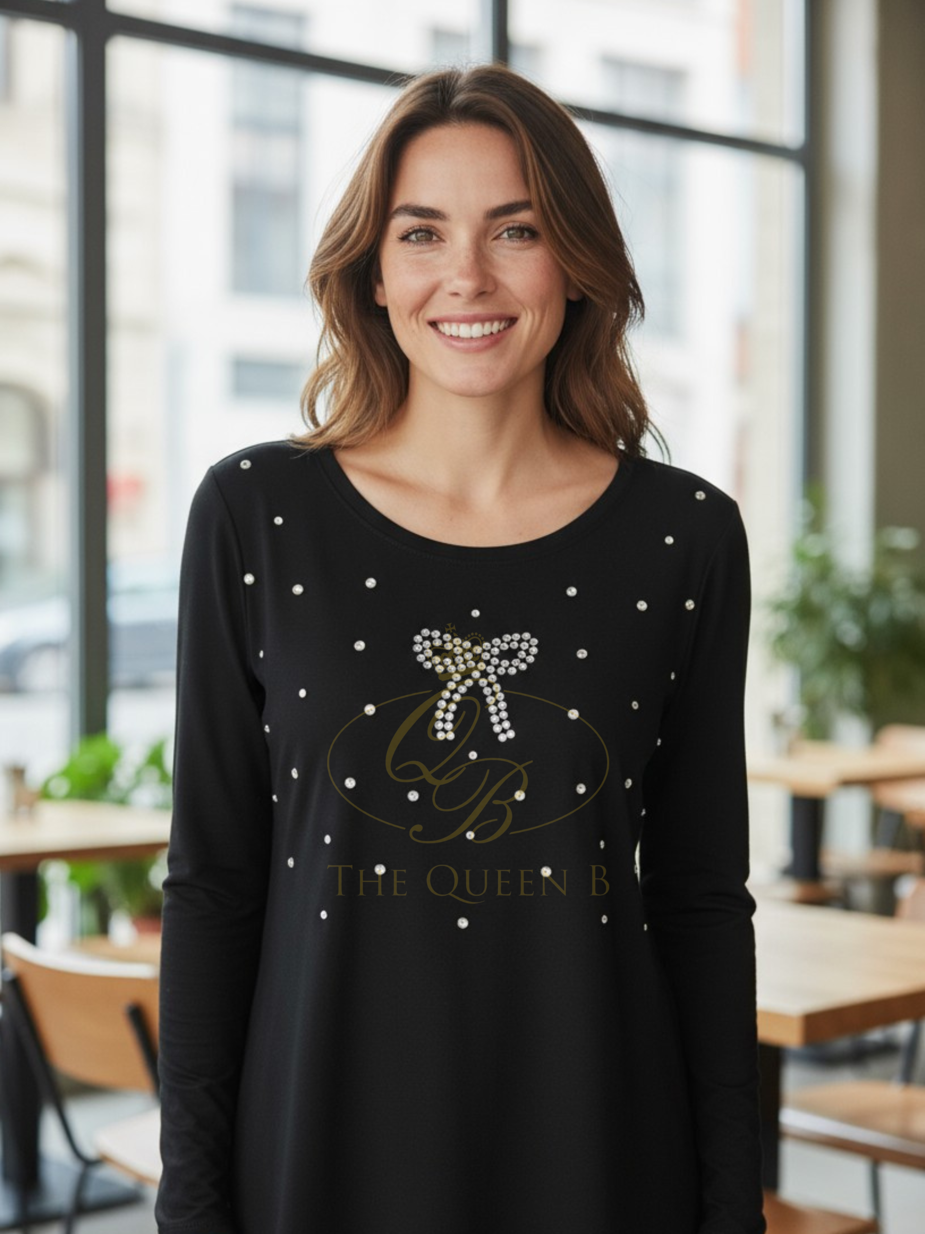 Malissa J black bow design top – women’s long sleeve round neck studded blouse with bow detail, versatile day-to-night fashion piece.
