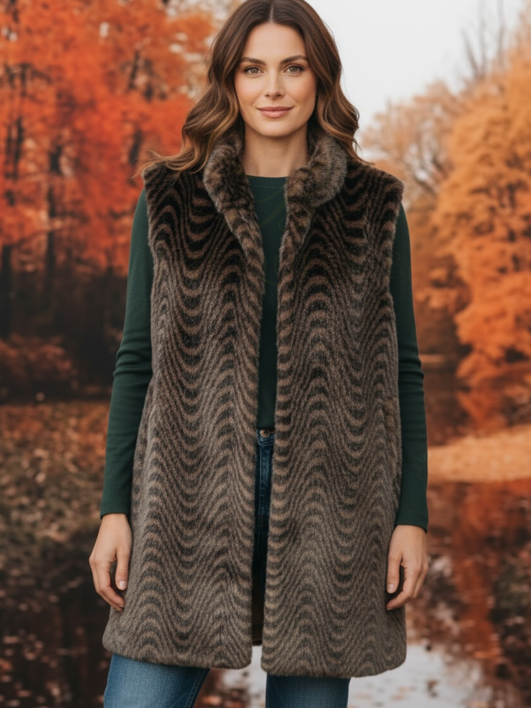 Malissa J GC20523 Swirl Longline Gilet - women’s faux fur sleeveless brown longline gilet with swirl pattern, luxury layering piece.