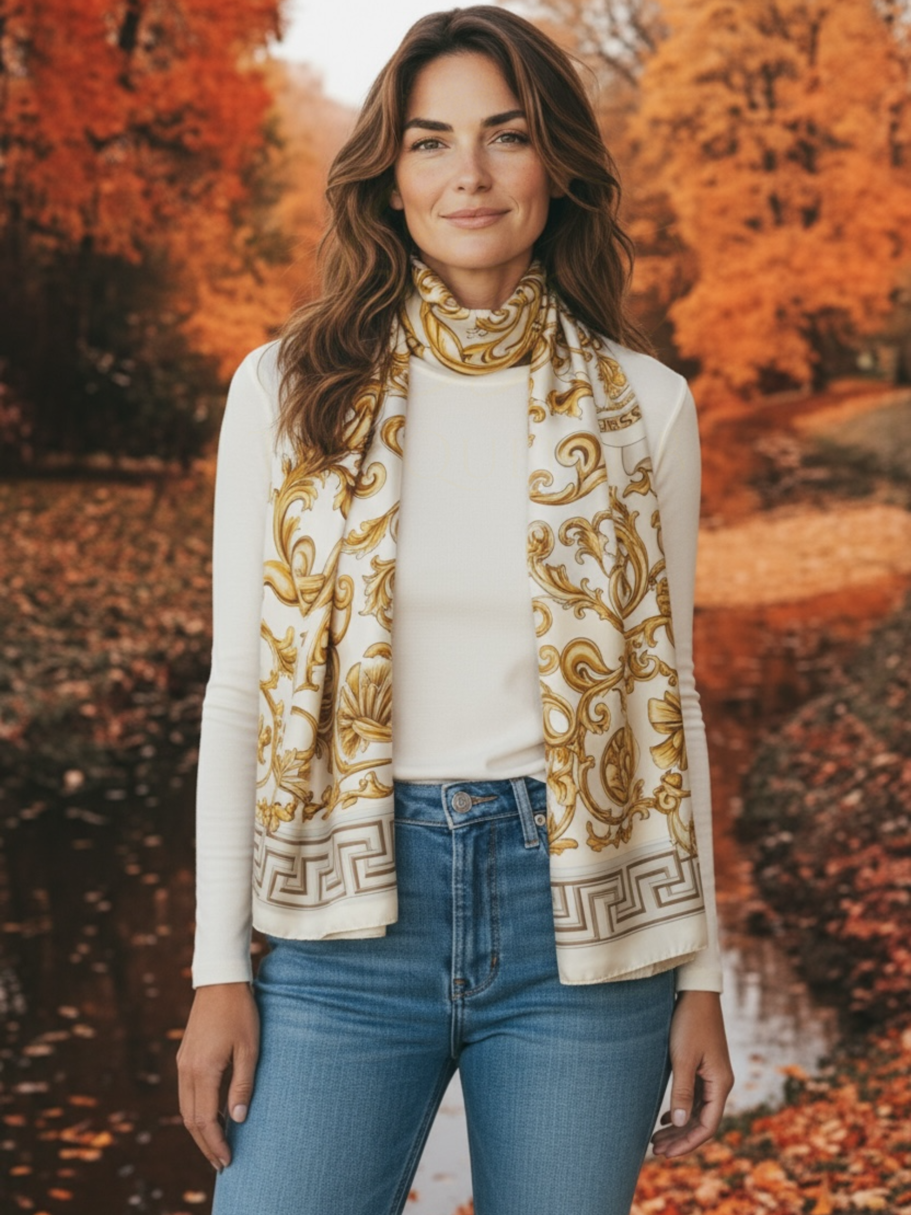 Malissa J GC21256 Stone Geo Design Printed Satin Scarf – luxury women’s satin scarf in soft stone and gold baroque geometric print. Elegant lightweight accessory perfect for day-to-night styling.