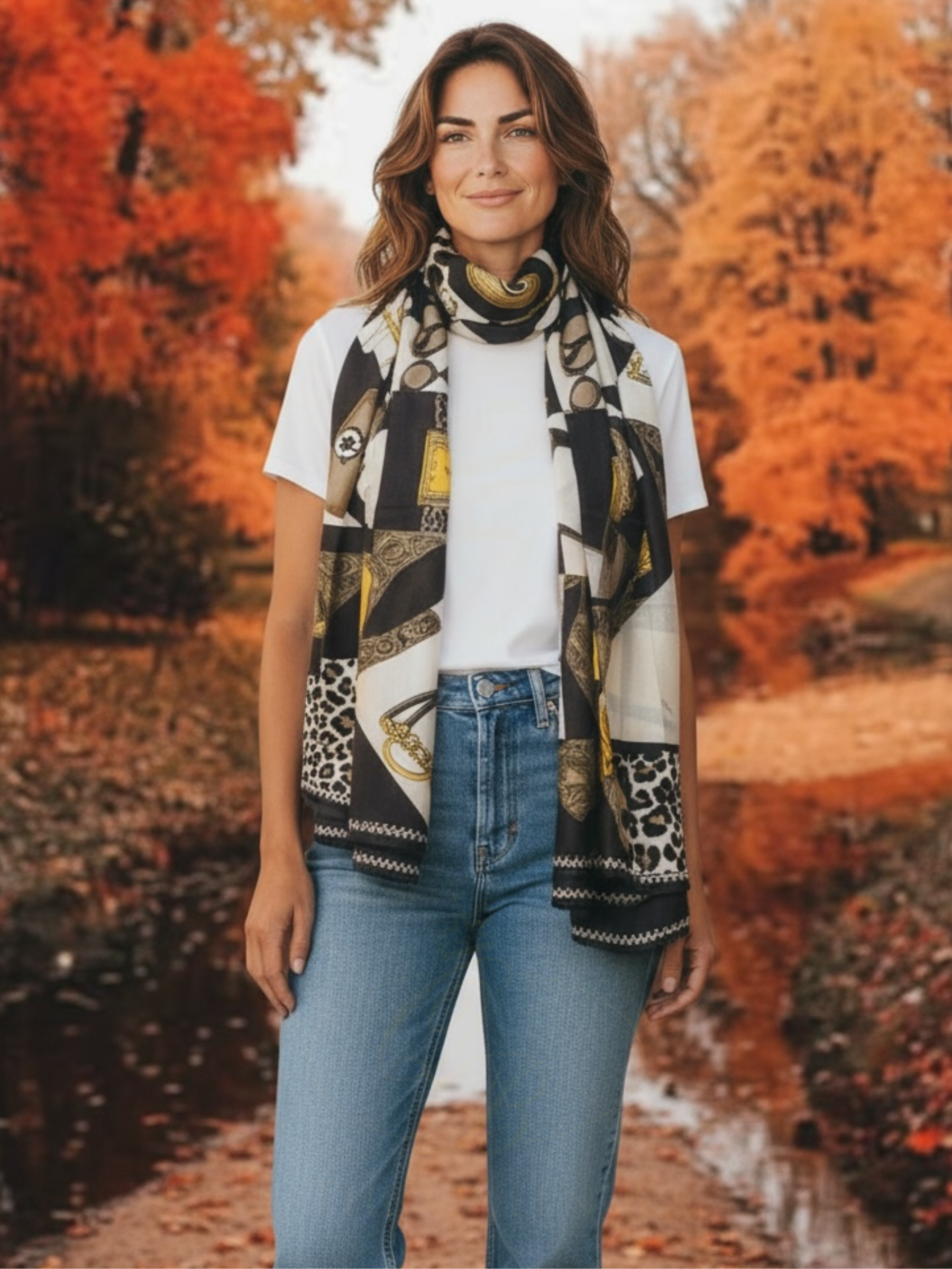 Malissa J GC21261 Black Leopard and Bag Design Printed Satin Scarf – women’s satin fashion scarf in black with leopard and bag motif. Luxurious, soft and elegant accessory for day-to-night styling.