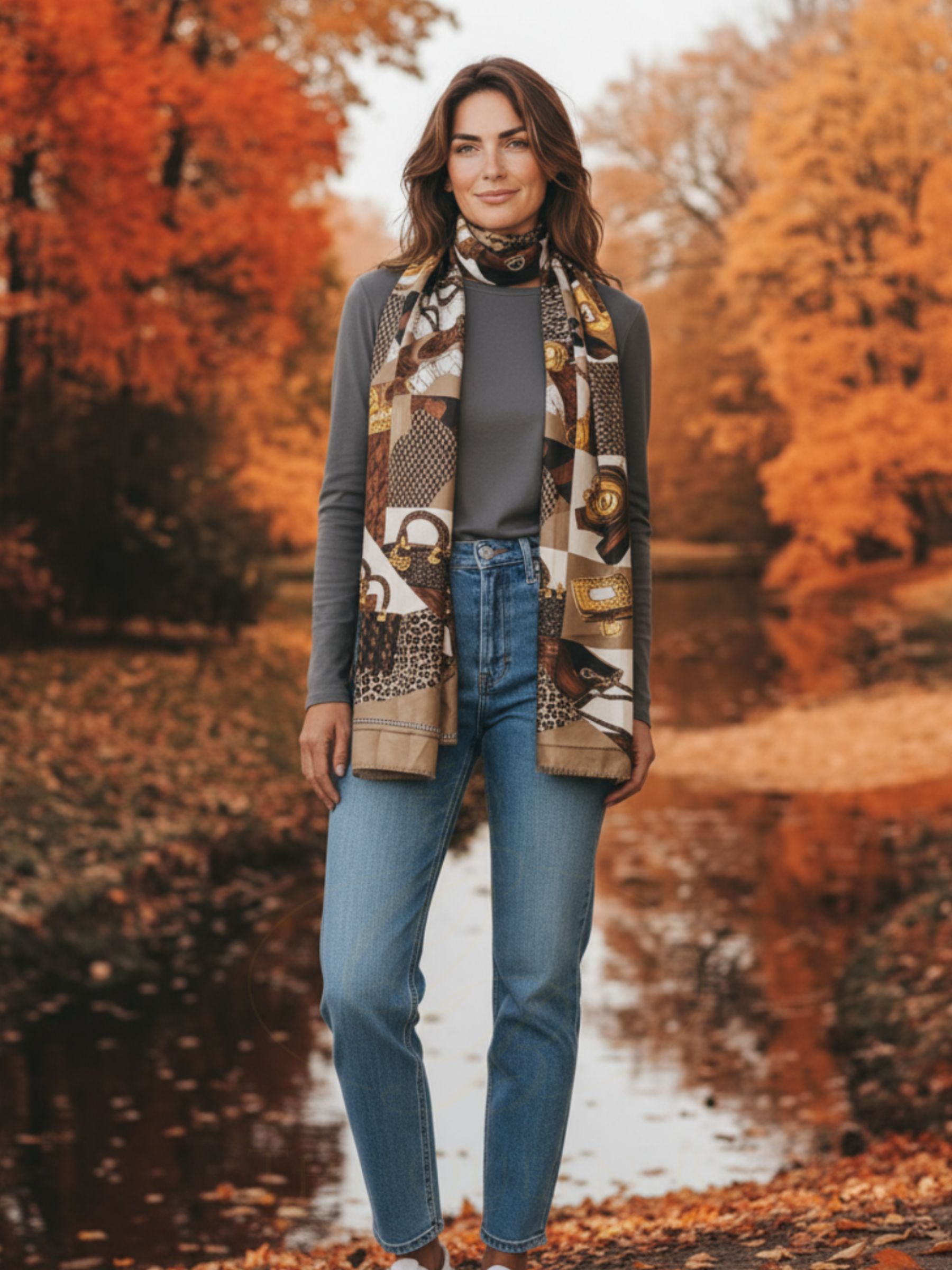 Malissa J GC21261 Brown Leopard and Bag Design Printed Satin Scarf – women’s satin fashion scarf with leopard and bag motif. Lightweight, soft and elegant accessory for timeless day-to-night styling.