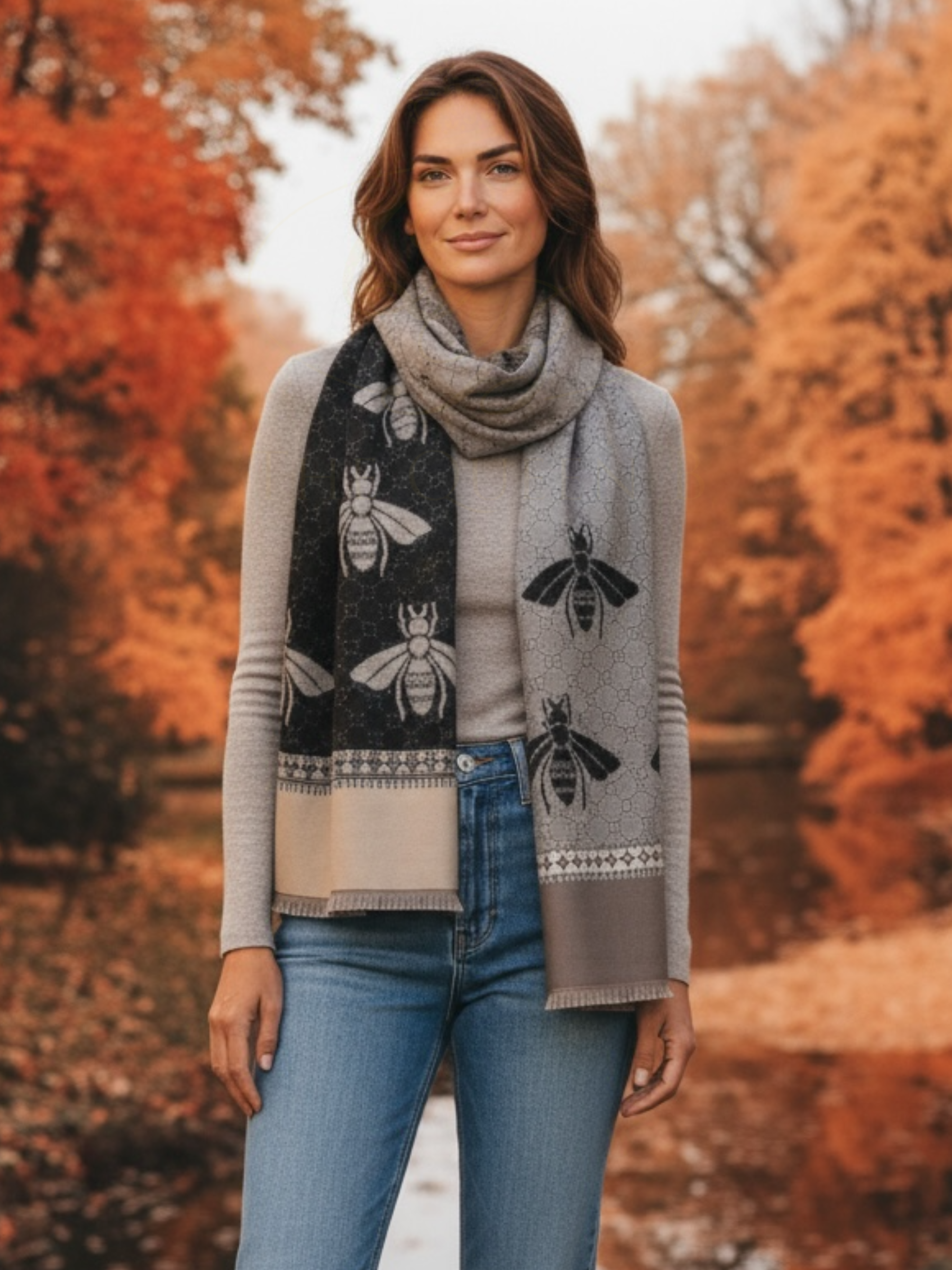 Malissa J GC21276 Stone Reversible Scarf with Bee Design Print – women’s soft reversible winter scarf in stone and grey with bold bee print. Elegant, cosy accessory for chic cold-weather styling.