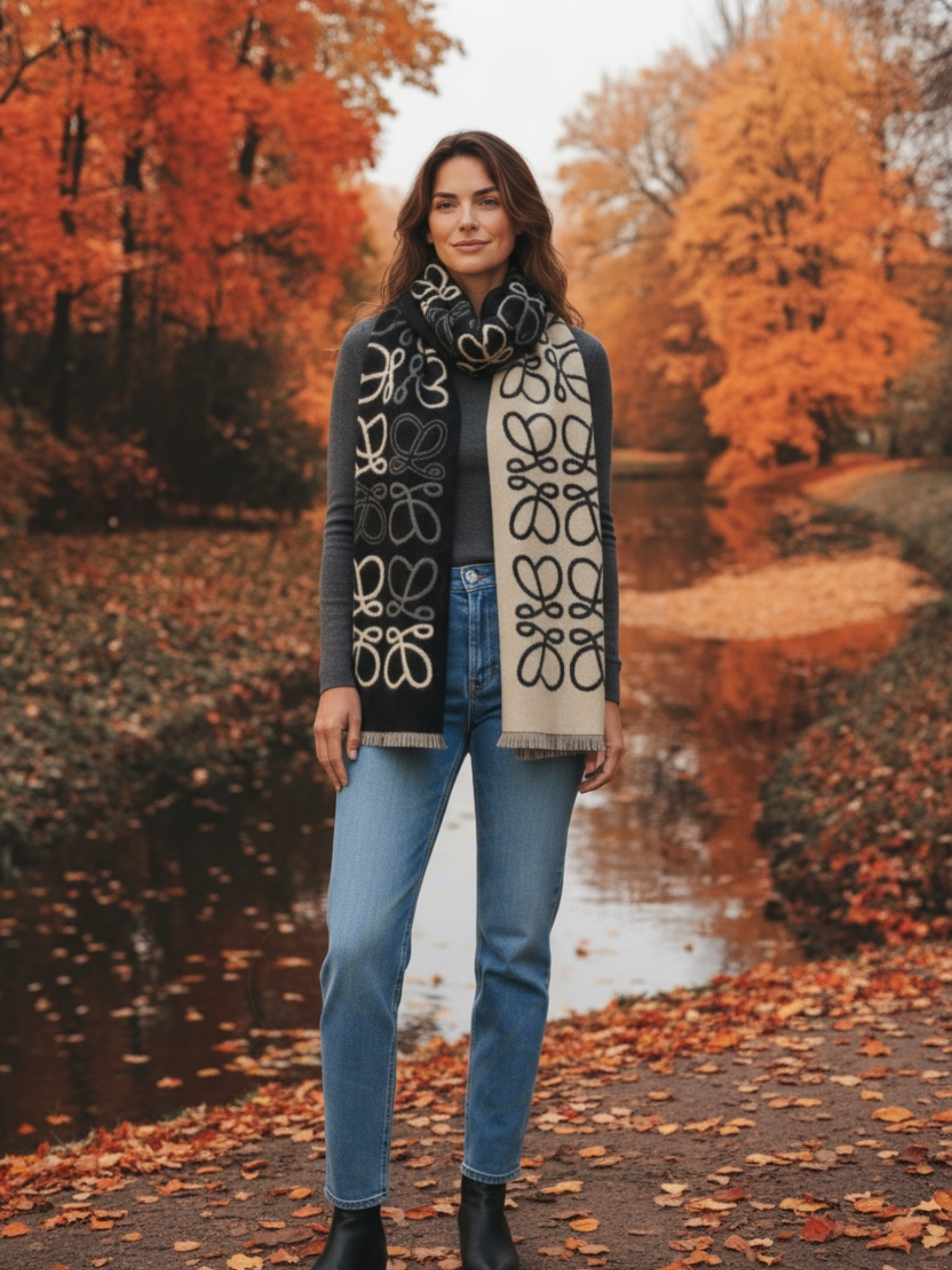 Malissa J GC21278 Black Reversible Scarf with Loopy Design Print – women’s luxury winter scarf in black and cream with abstract loop pattern. Soft reversible accessory for stylish cold-weather layering.