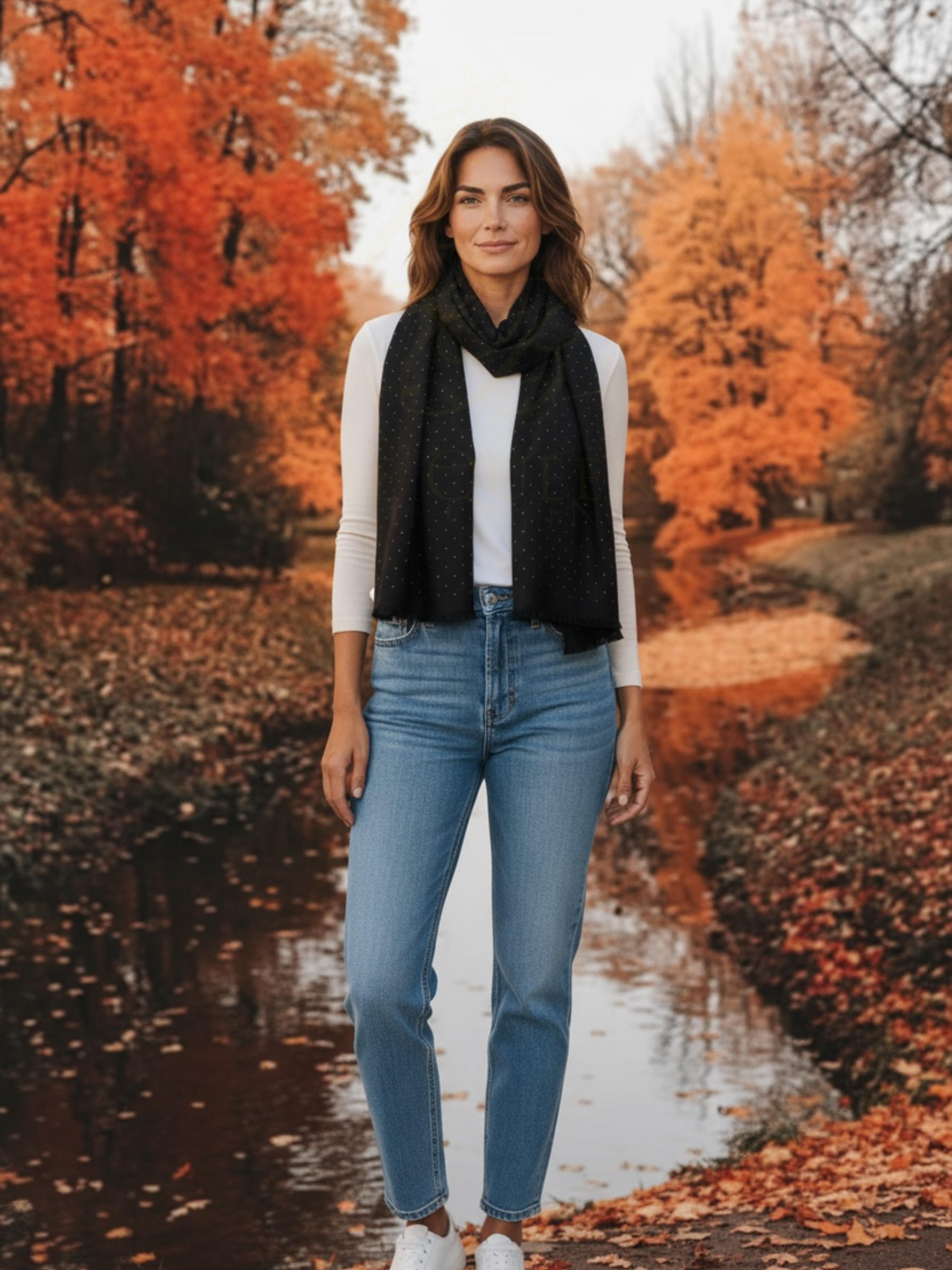 Malissa J GC21346 Black Studded Handfeel Scarf with Fringing – women’s black winter scarf with gold stud detailing and fringed edges. Luxurious, soft-touch fashion accessory for stylish day-to-night looks.