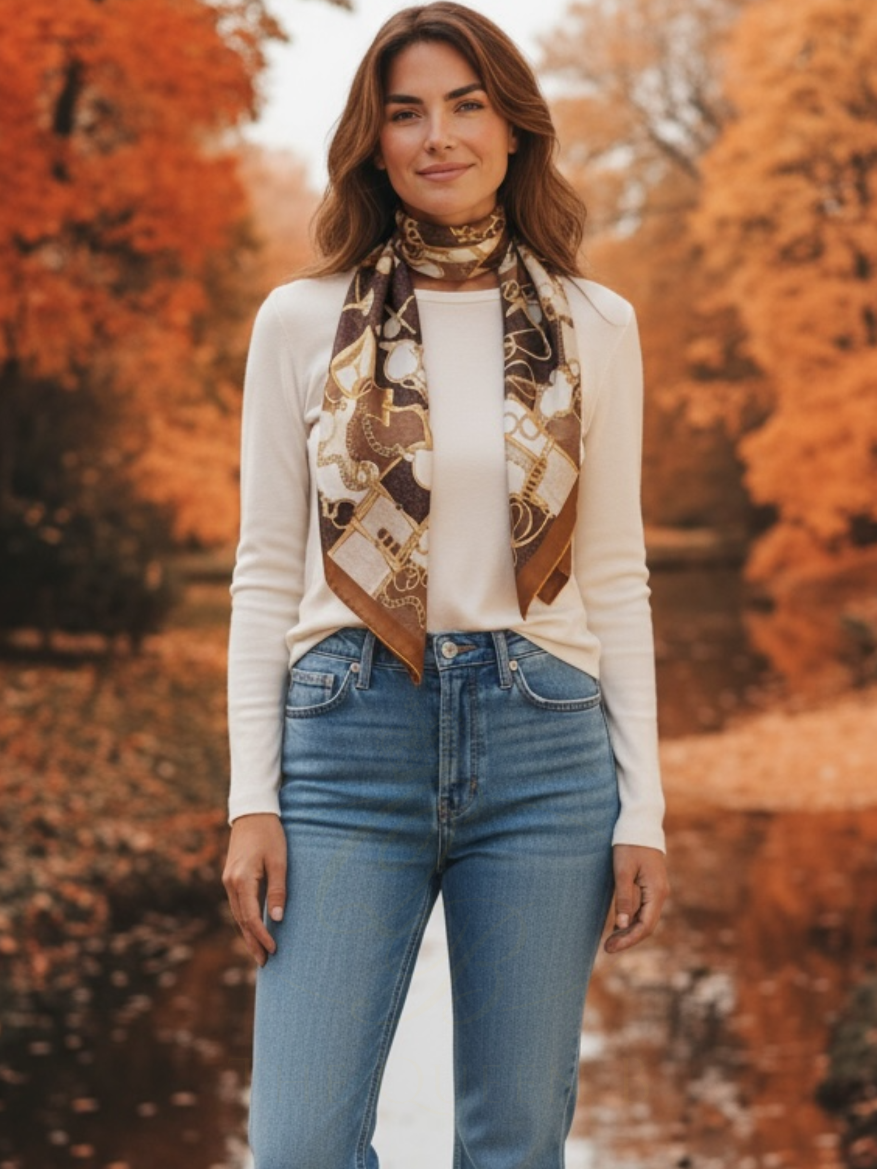 Malissa J GC21351 Tan Chain Printed Satin Scarf – luxury women’s satin scarf with gold chain design in tan and brown tones. Elegant printed scarf for chic day-to-night fashion styling.