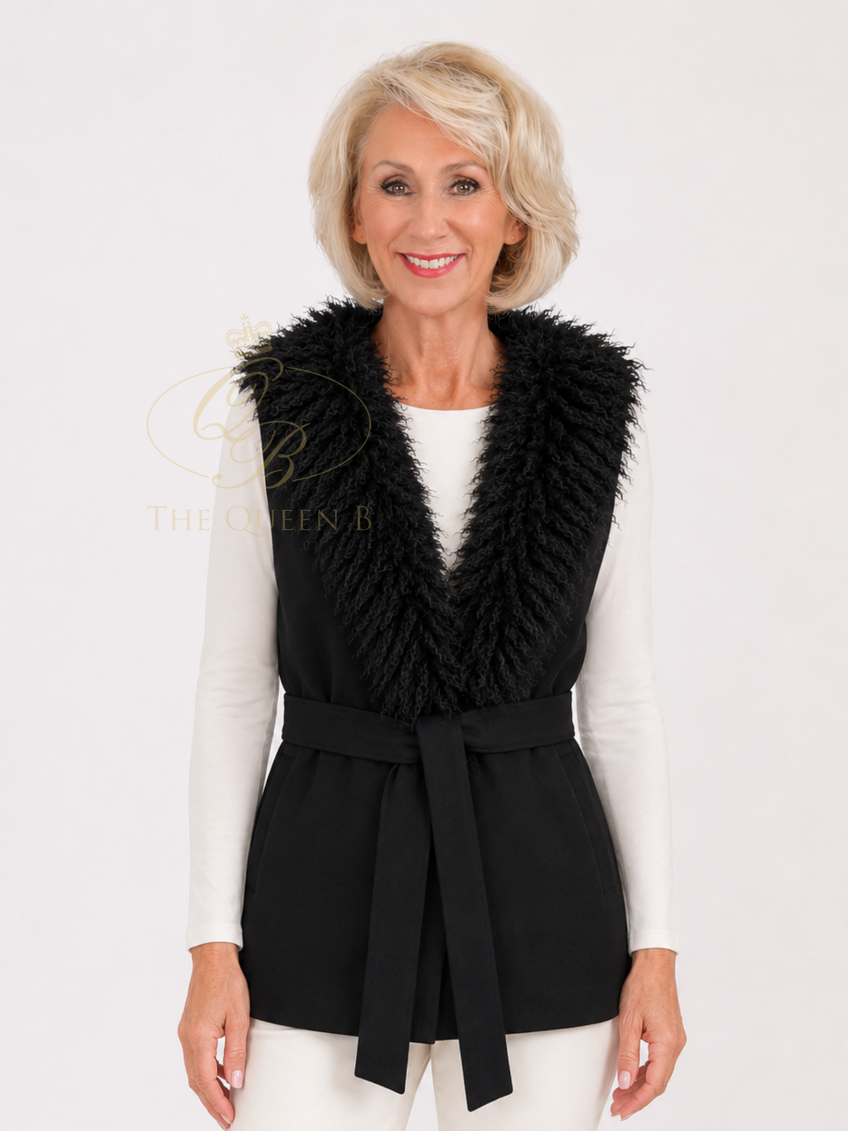 Malissa J GC21965 Mongolian Faux Fur Collar & Belt Gilet with faux fur collar, sleeveless shape and self-tie waist belt.