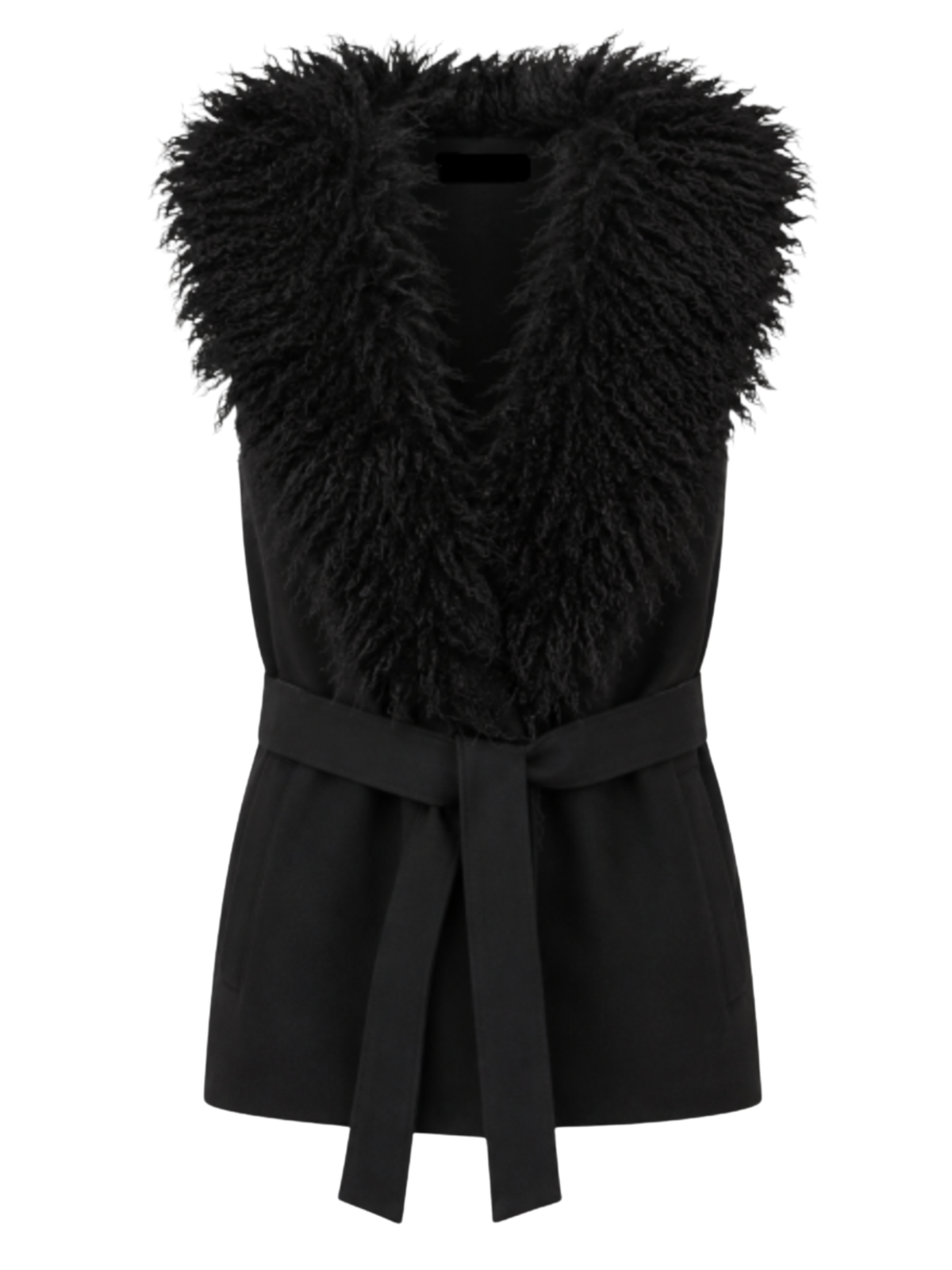Malissa J GC21965 Mongolian Faux Fur Collar & Belt Gilet with faux fur collar, sleeveless shape and self-tie waist belt.