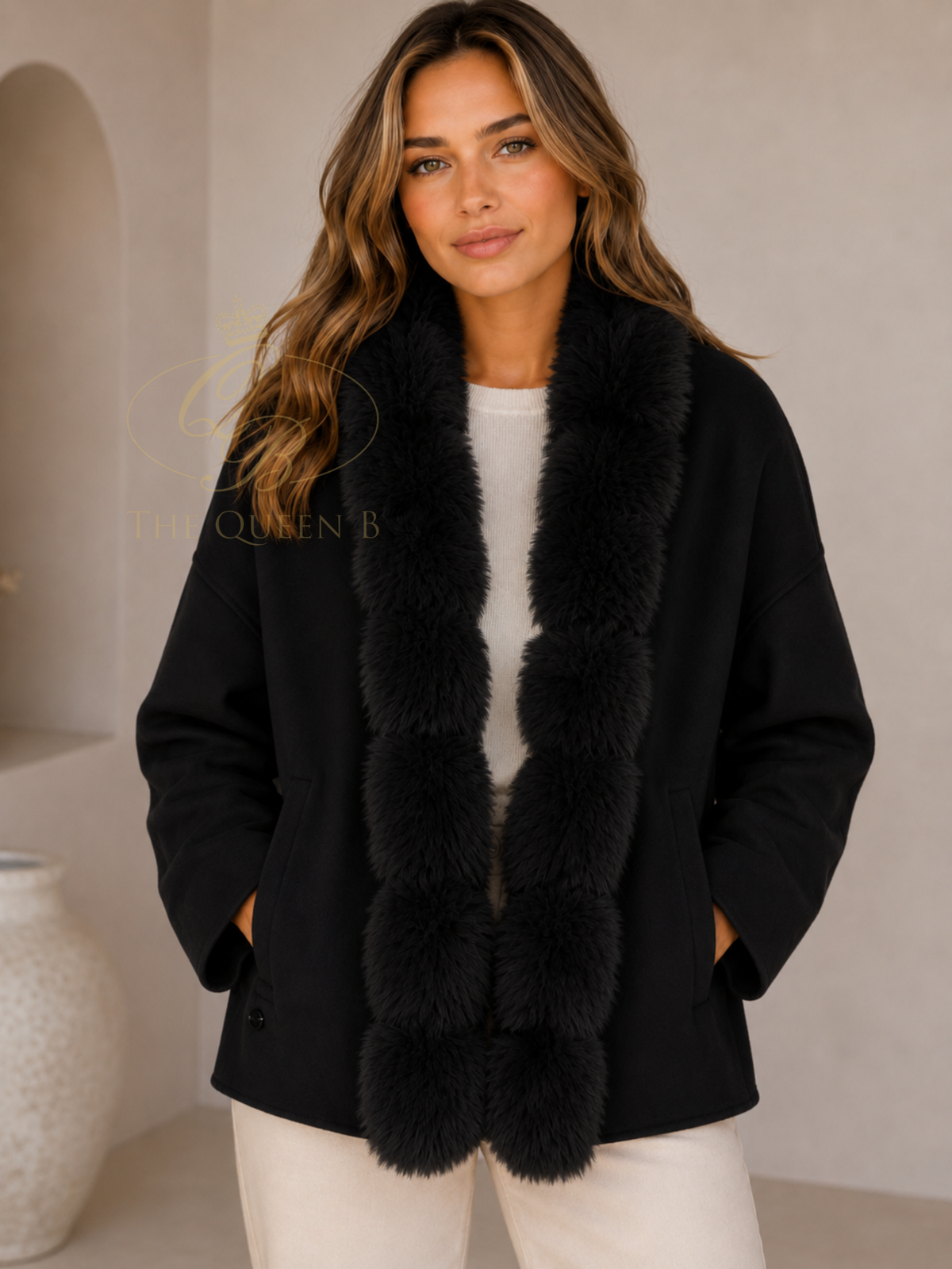 Malissa J GC21967 Mongolian Faux Fur Jacket with soft faux fur trim and an open-front silhouette.