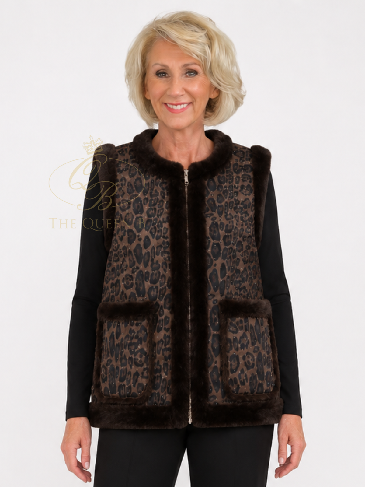 Malissa J GC22224 Faux Fur & Studded Reversible Gilet with reversible design, faux fur trim, studded detail, zip front and patch pockets.