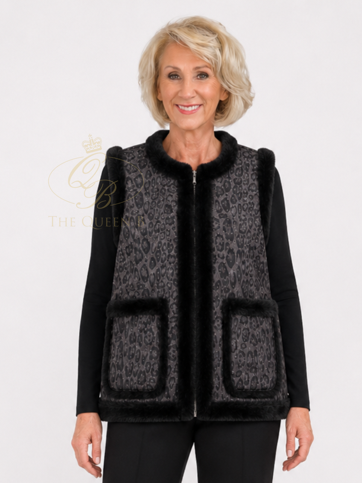 Malissa J GC22224 Faux Fur & Studded Reversible Gilet with reversible design, faux fur trim, studded detail, zip front and patch pockets.