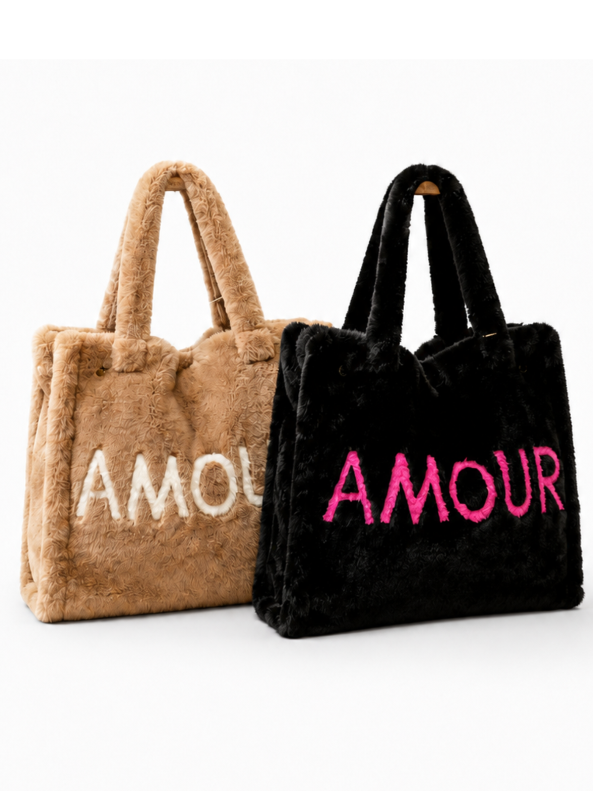 Malissa J SM24319 Amour Faux Fur Large Grab Bag with plush faux fur texture, AMOUR lettering and twin handles.