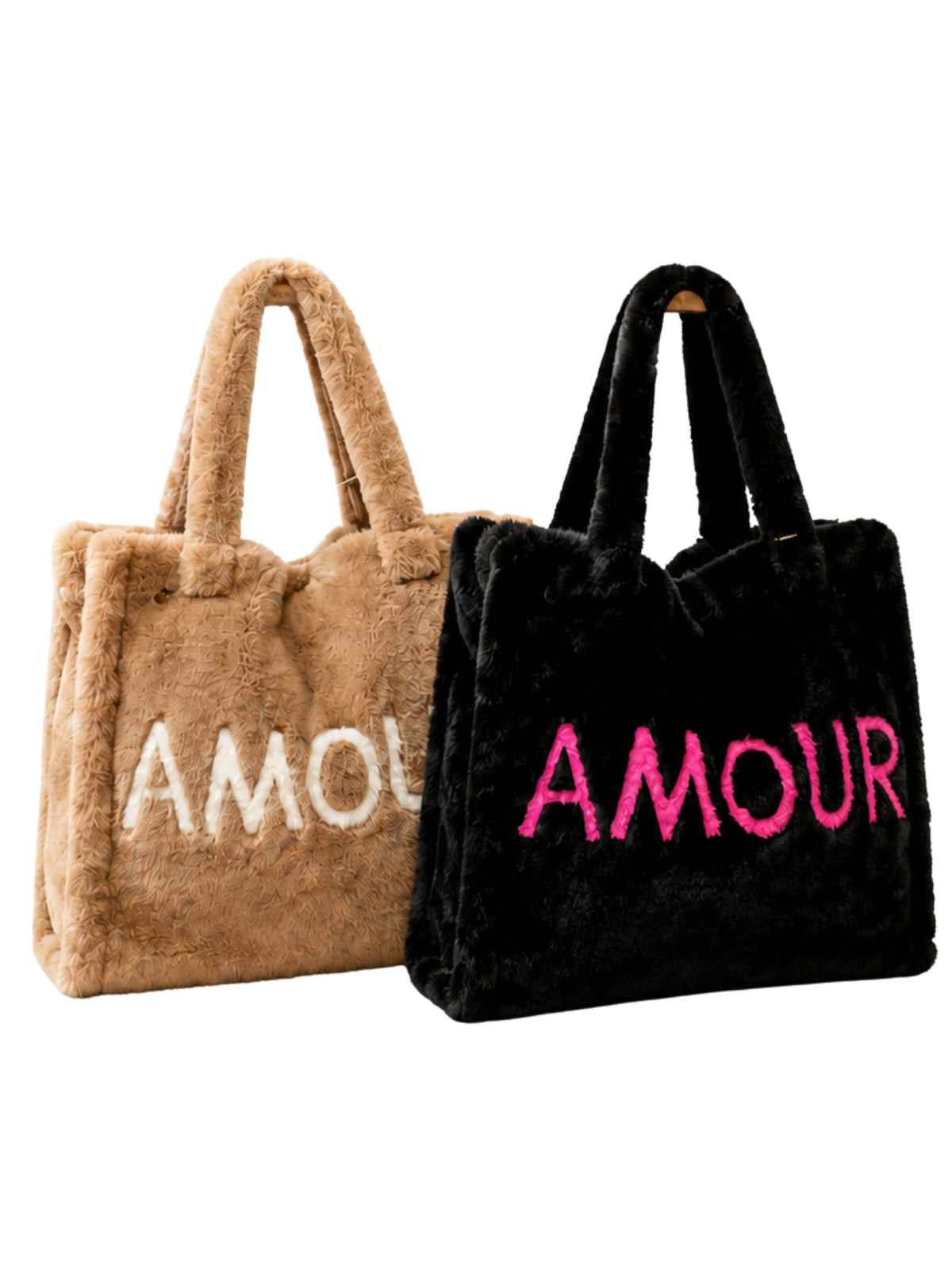 Malissa J SM24319 Amour Faux Fur Large Grab Bag with plush faux fur texture, AMOUR lettering and twin handles.