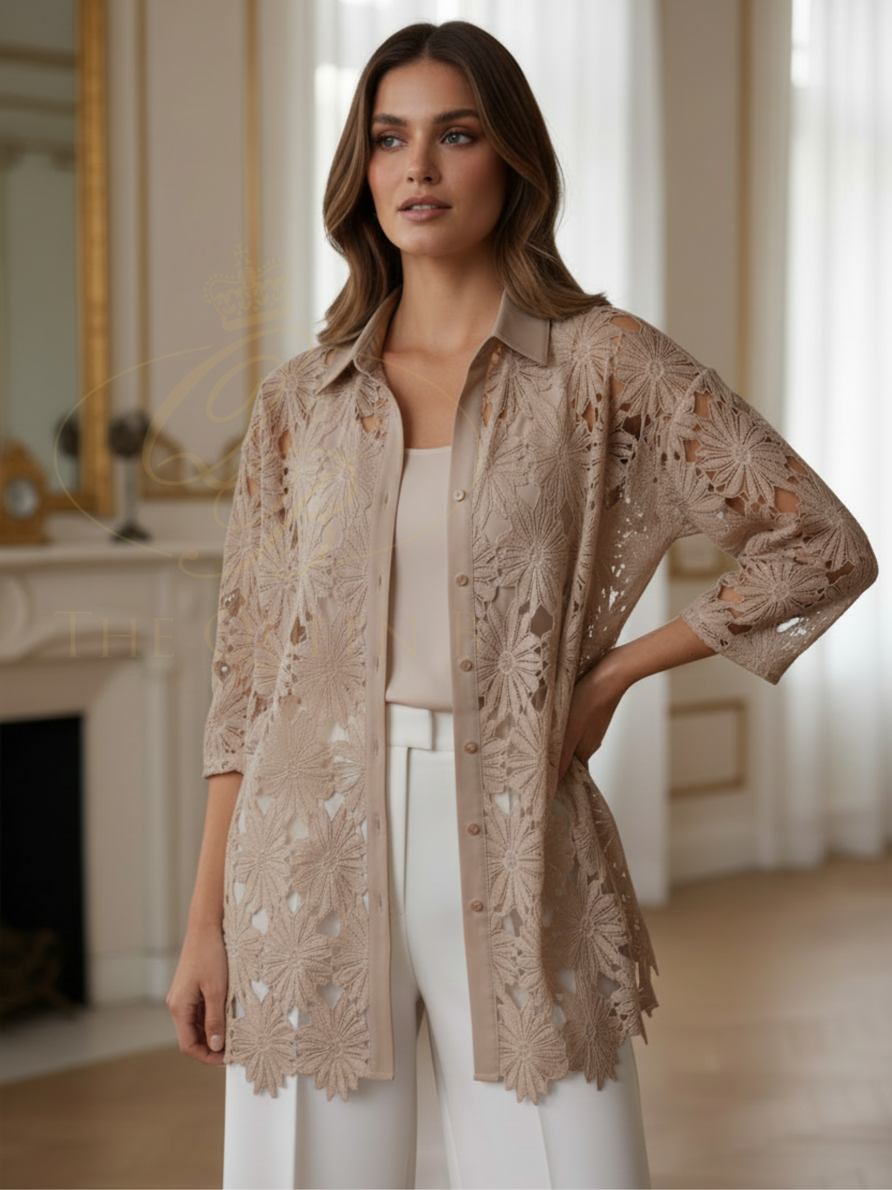 Malissa J WF1729 daisy lace crochet effect longline shirt with relaxed silhouette and button front detail.