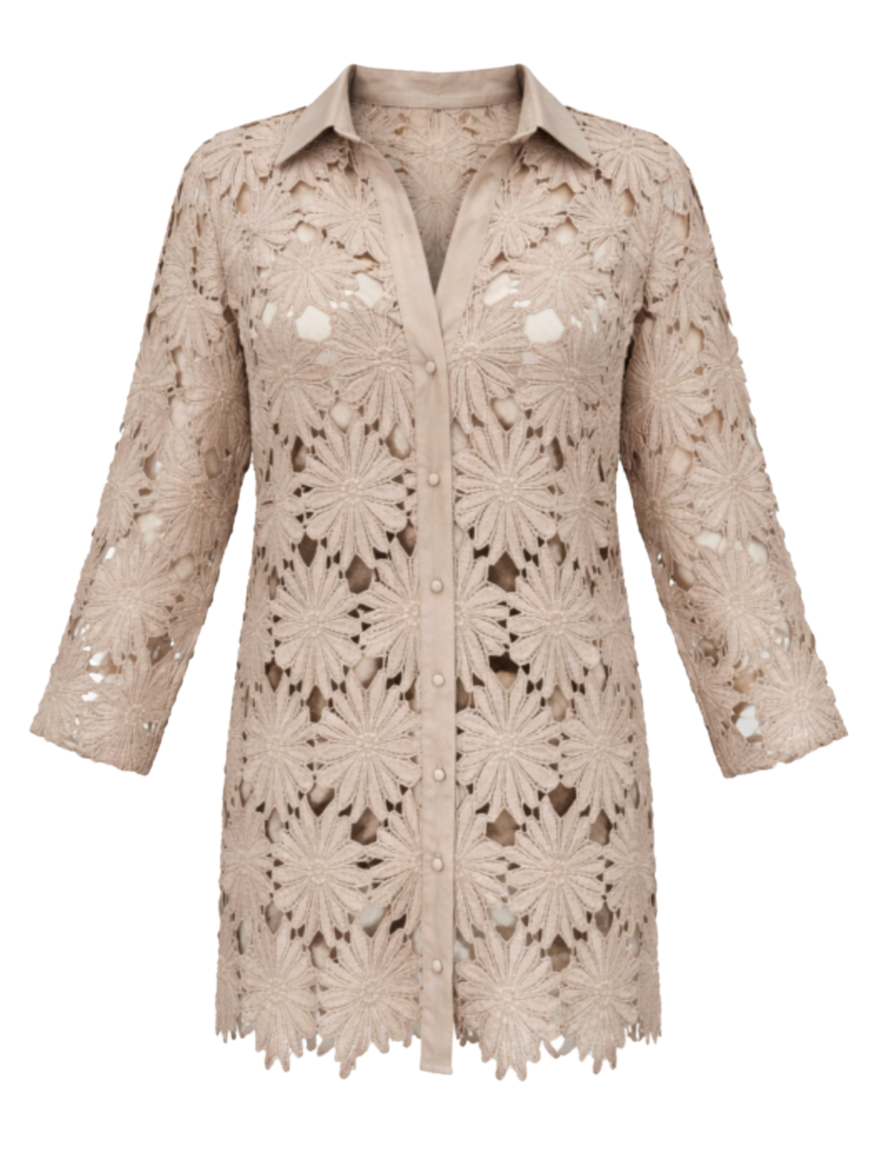 Malissa J WF1729 daisy lace crochet effect longline shirt with relaxed silhouette and button front detail.