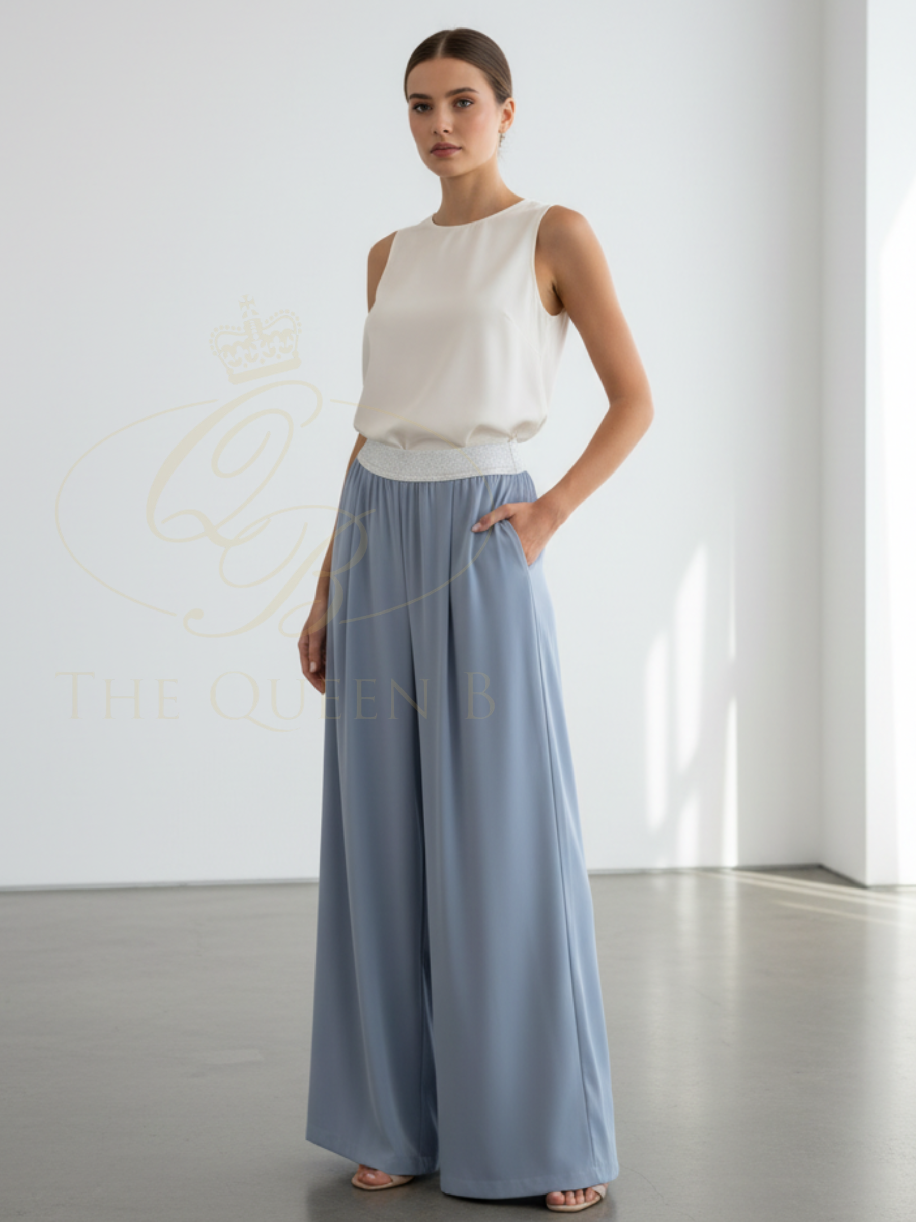 Malissa J woven wide leg trousers with high waist and contrast waistband detail in a flowing full-length silhouette.