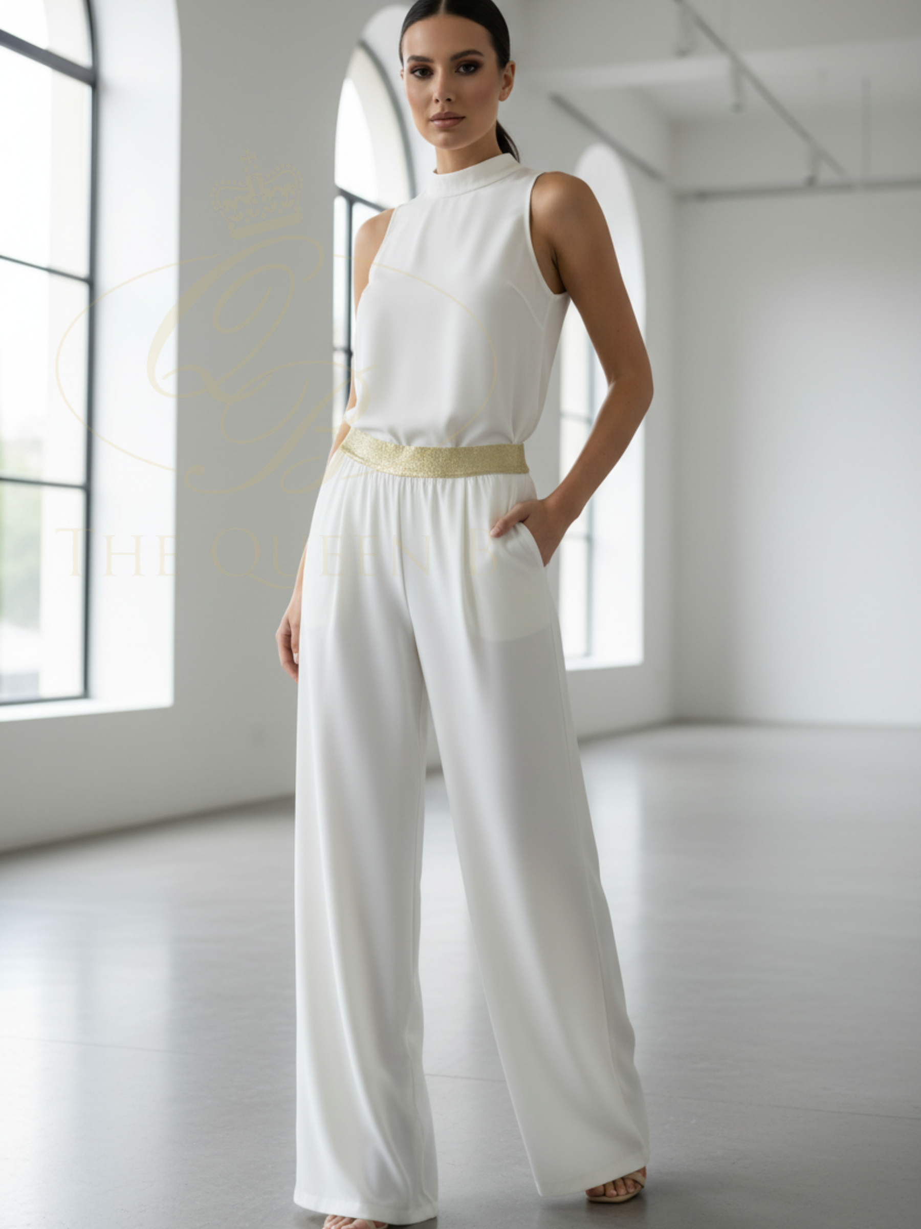 Malissa J woven wide leg trousers with high waist and contrast waistband detail in a flowing full-length silhouette.