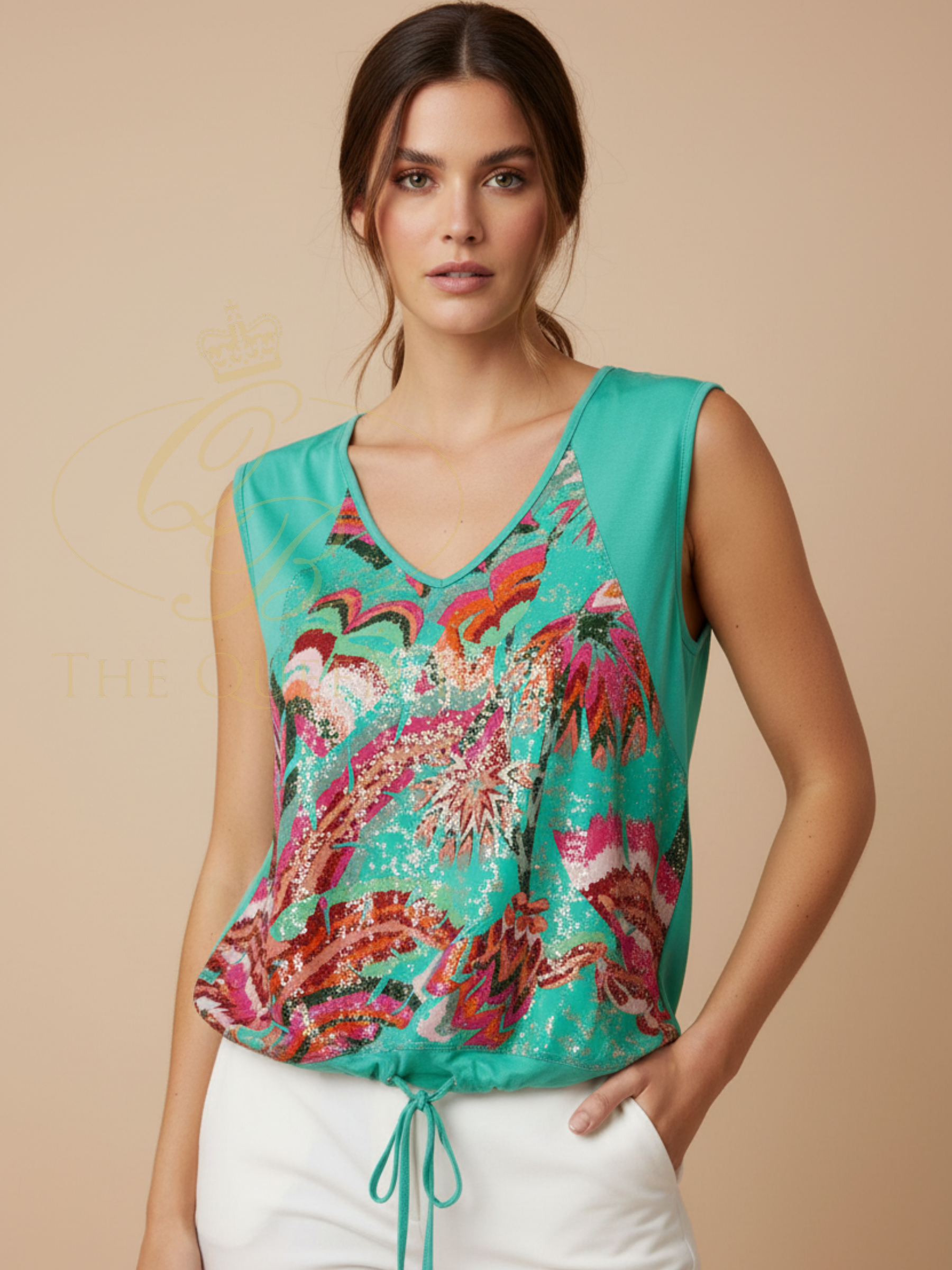Malissa J WF2152 Satin Front Sleeveless Top with printed satin front, V-neckline and adjustable drawstring hem.