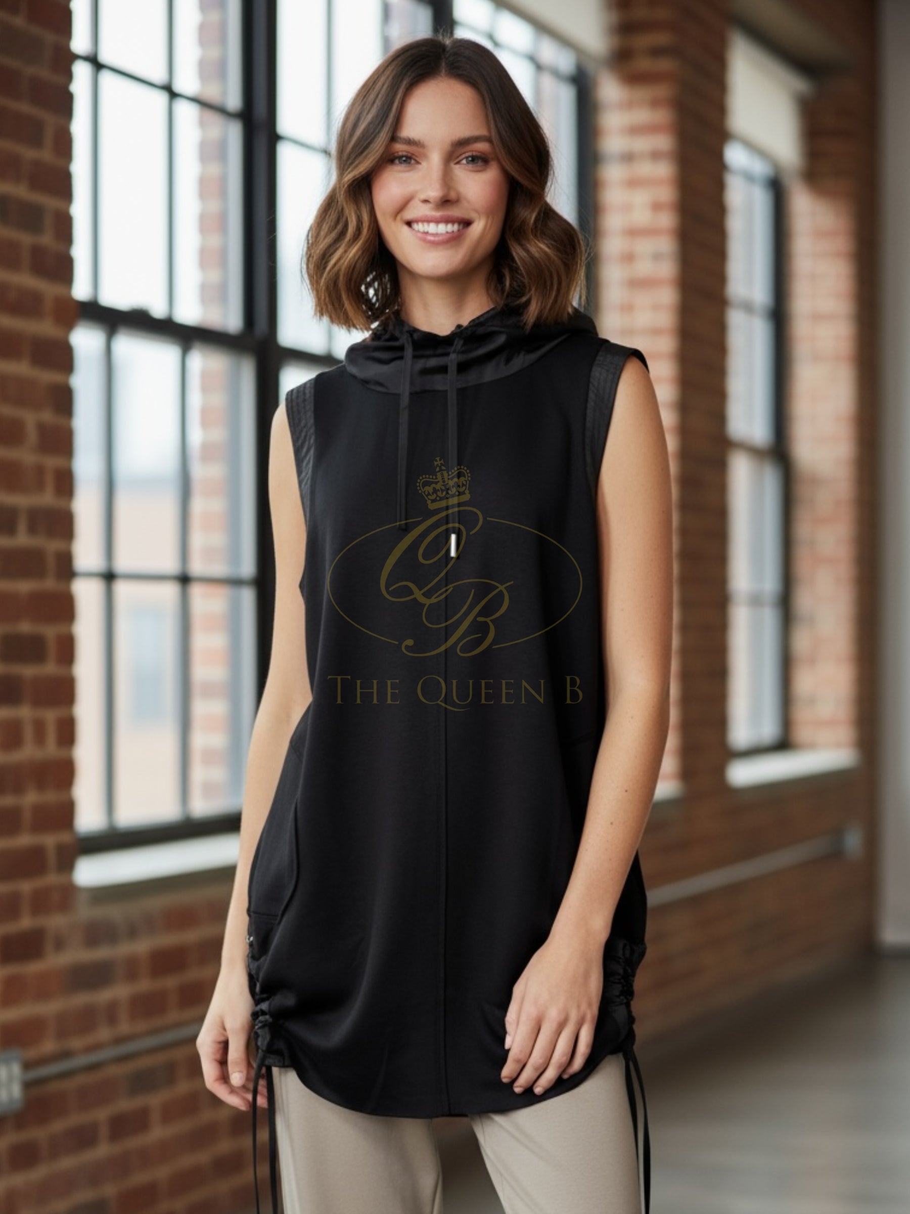 Malissa J WF2515 black sleeveless top - women’s drawstring high neck asymmetric hem top, chic smart casual fashion piece.