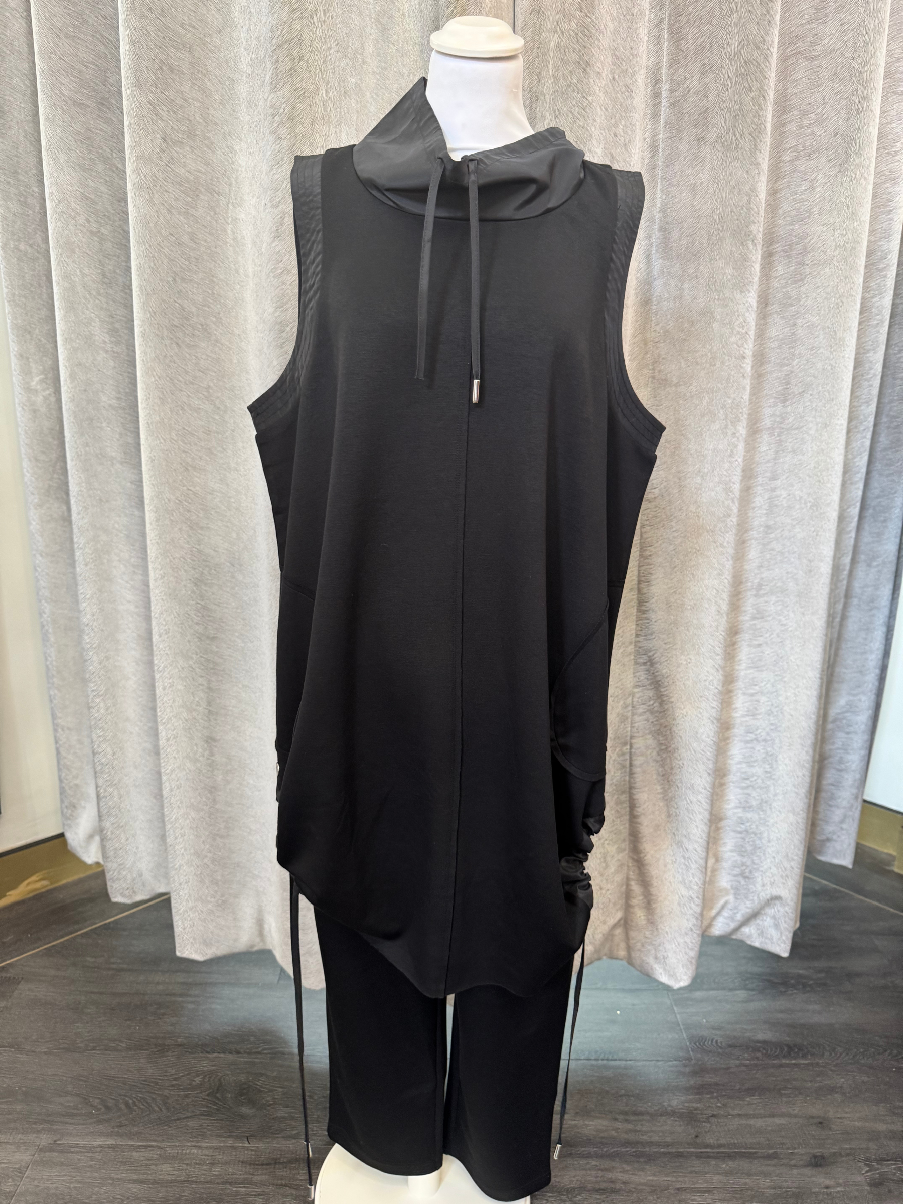 Malissa J WF2515 black sleeveless top - women’s drawstring high neck asymmetric hem top, chic smart casual fashion piece.