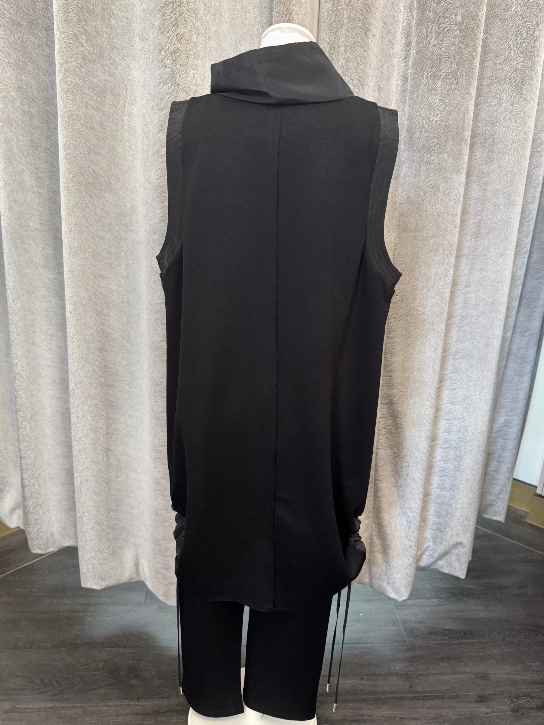 Malissa J WF2515 black sleeveless top - women’s drawstring high neck asymmetric hem top, chic smart casual fashion piece.