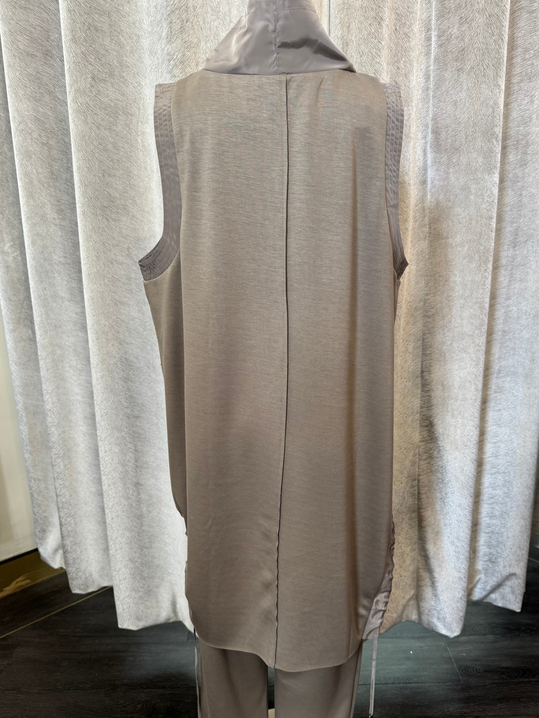 Malissa J WF2515 mushroom sleeveless top - women’s drawstring high neck asymmetric hem top, chic smart casual fashion piece.