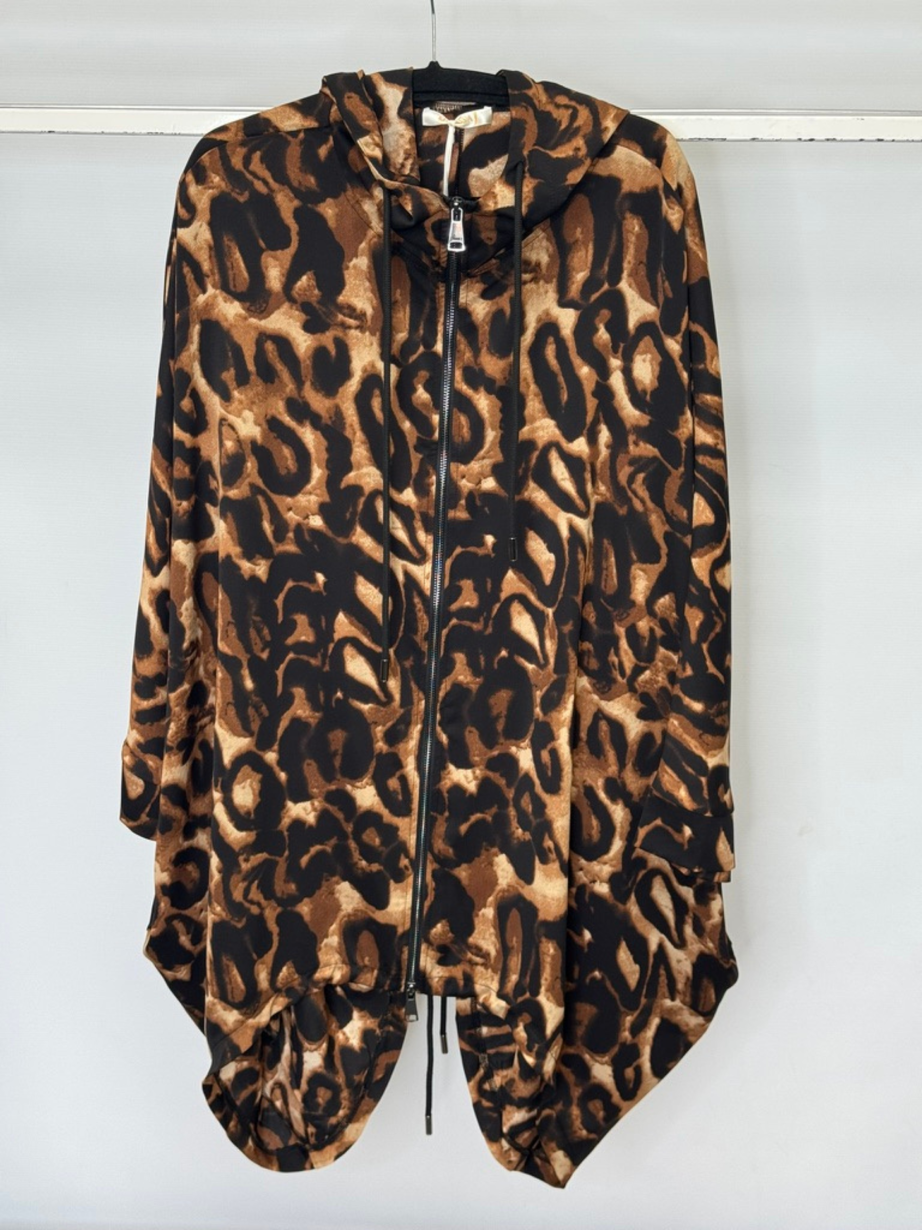 Malissa J WF2524 Leopard Print Zip Up Jacket – women’s brown and black animal print zip-front jacket with hood, asymmetrical hemline and drawstring detail, stylish outerwear