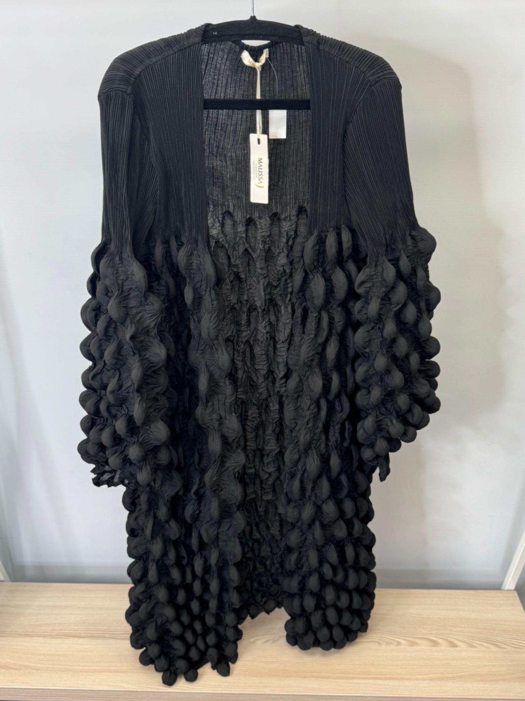 Malissa J WF2535 black tie-front bubble jacket—women’s longline textured layering jacket for statement outfits.