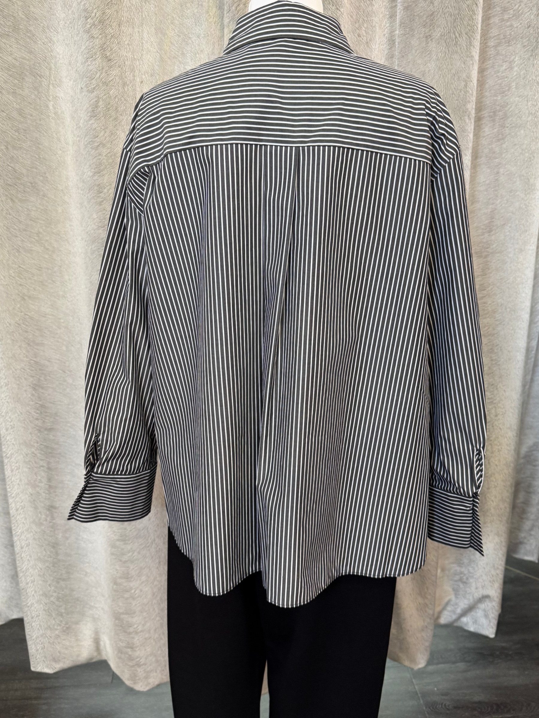 Malissa J WF2557 black and white woven shirt with stripe and diamond pattern-women’s long-sleeve collared shirt for smart-casual and office wear.