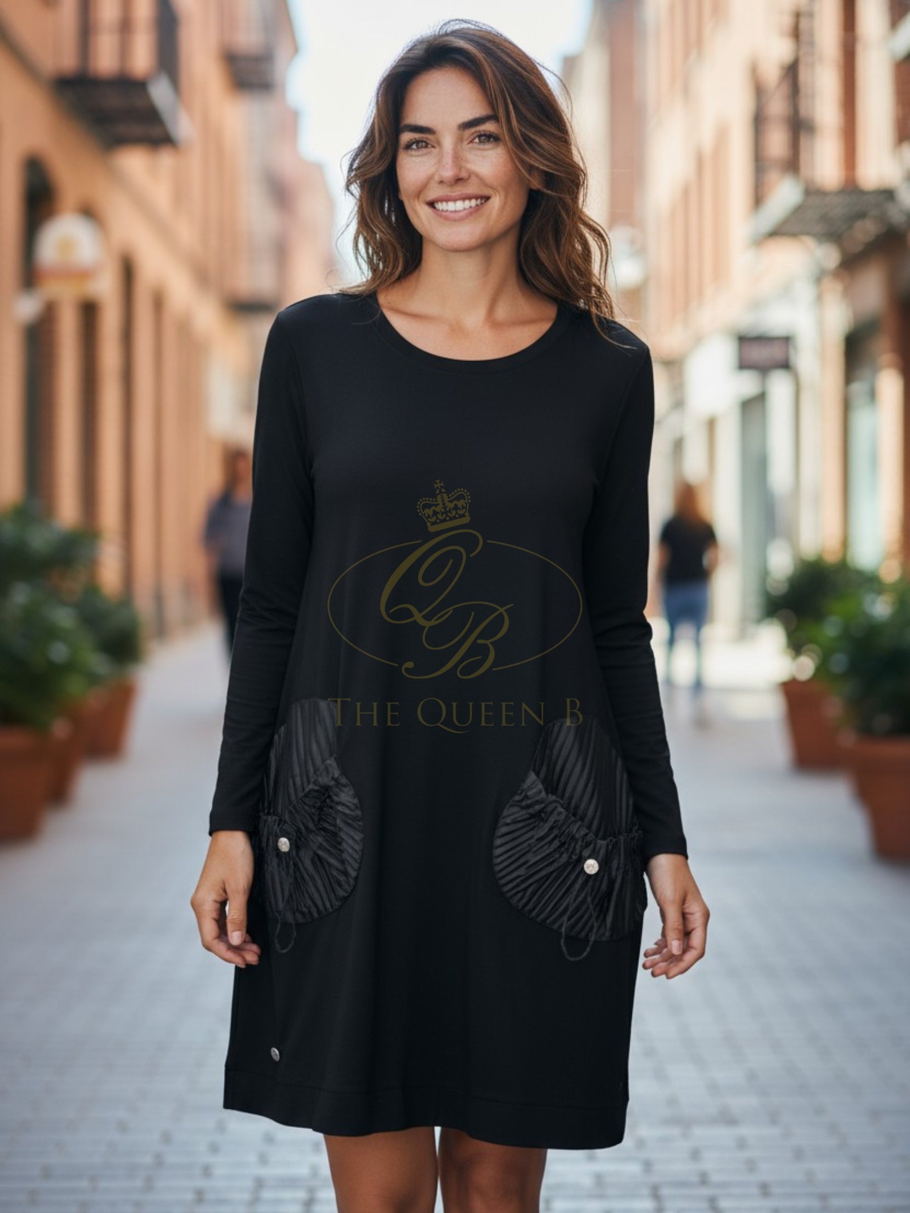 Malissa J WF2561 Black Pleated Dress – women’s black dress with pleated pockets, 3/4 sleeve smart casual dress for workwear, evening and everyday wear.