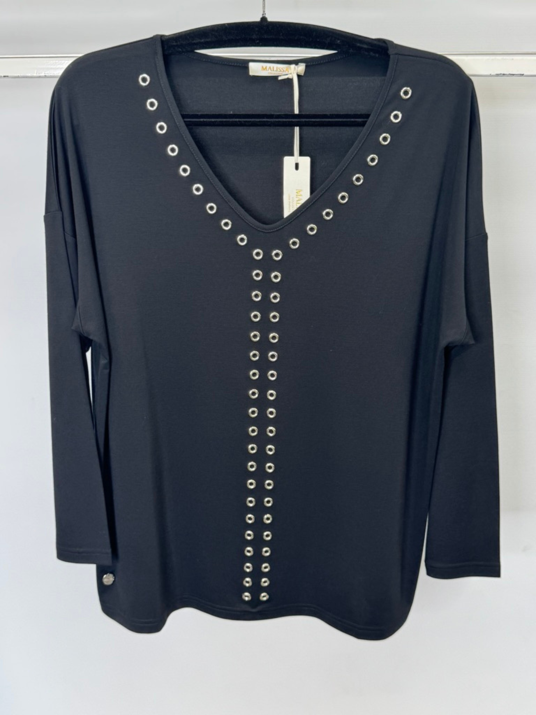 Malissa J black long sleeve V-neck top with silver stud eyelet detail - women’s chic evening blouse, versatile smart-casual fashion top.